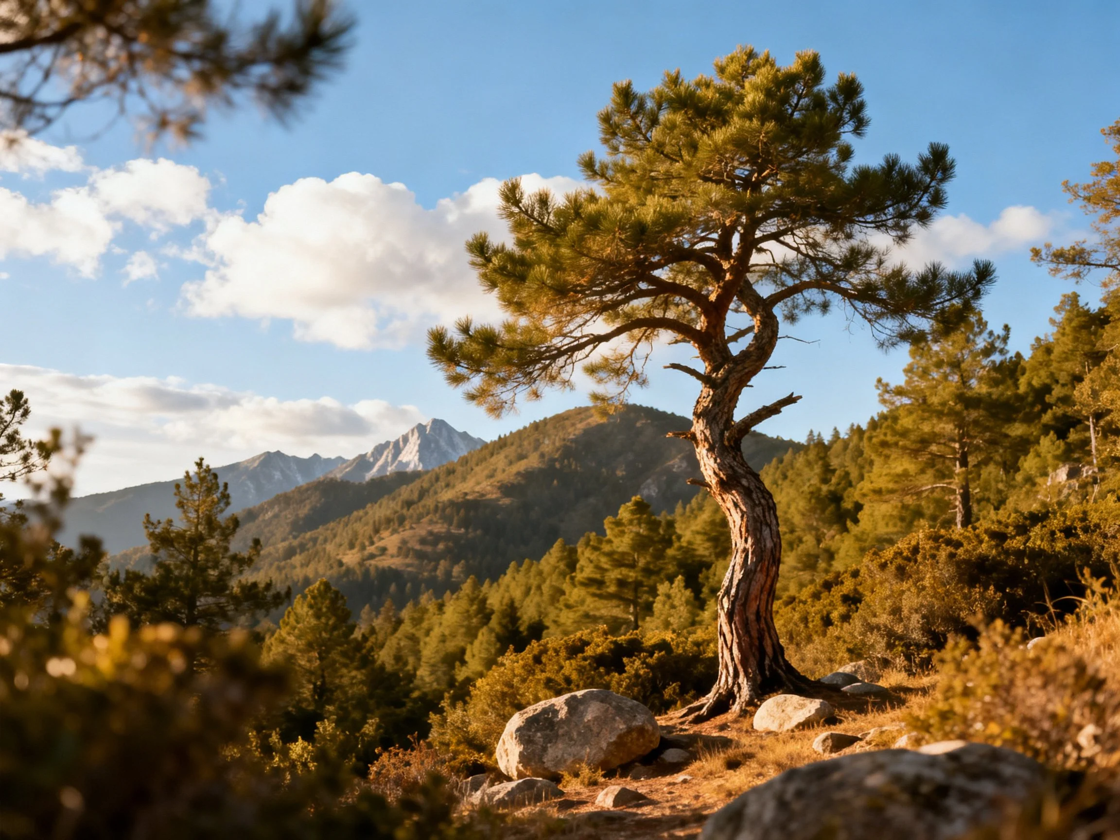 A solitary pine tree amidst rocky terrain with forested mountains