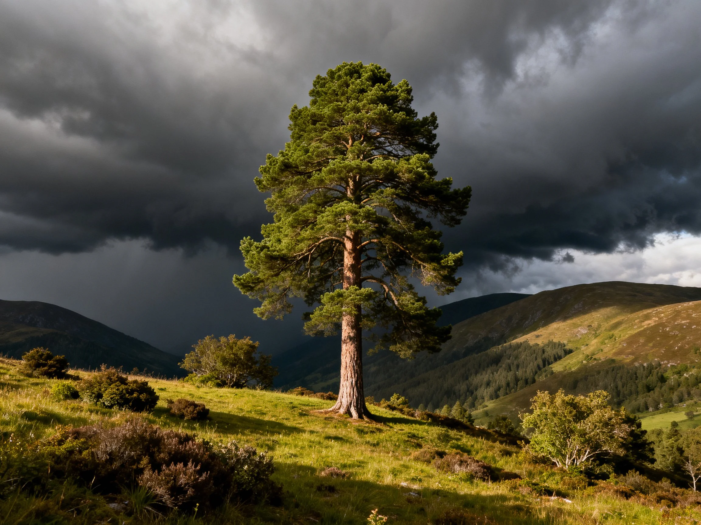 A solitary pine tree stands against dark storm clouds over rolling green hills