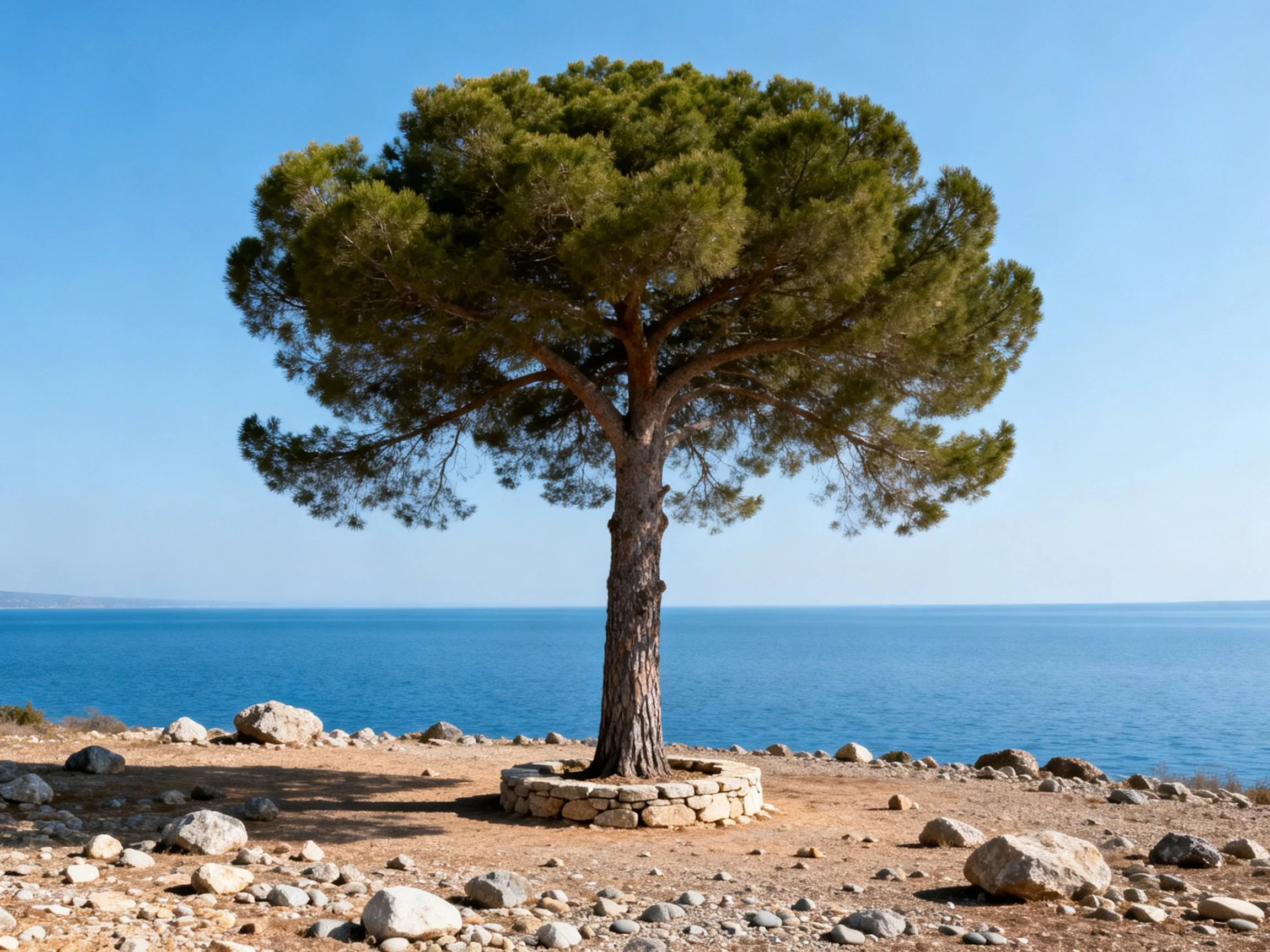 A solitary pine tree stands by calm blue coastal waters