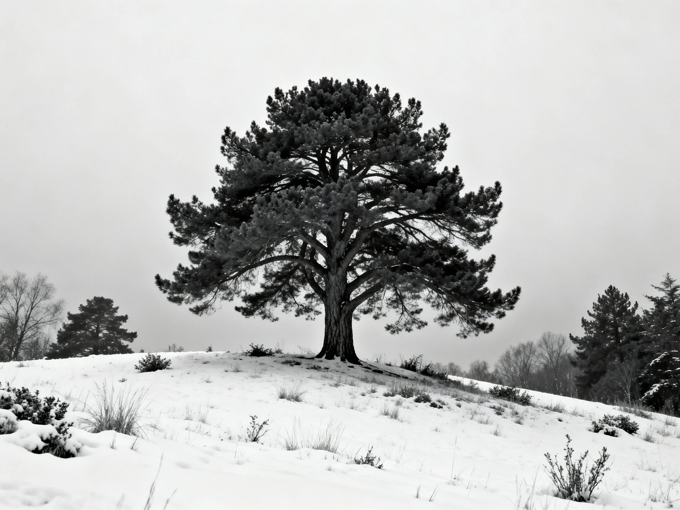 A solitary pine tree stands tall amid a snow-laden hillside