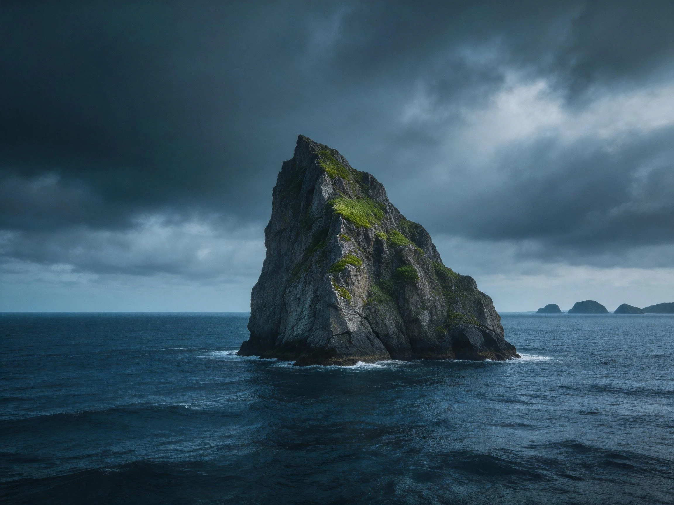 A solitary rocky outcrop rises from the ocean under dark storm clouds