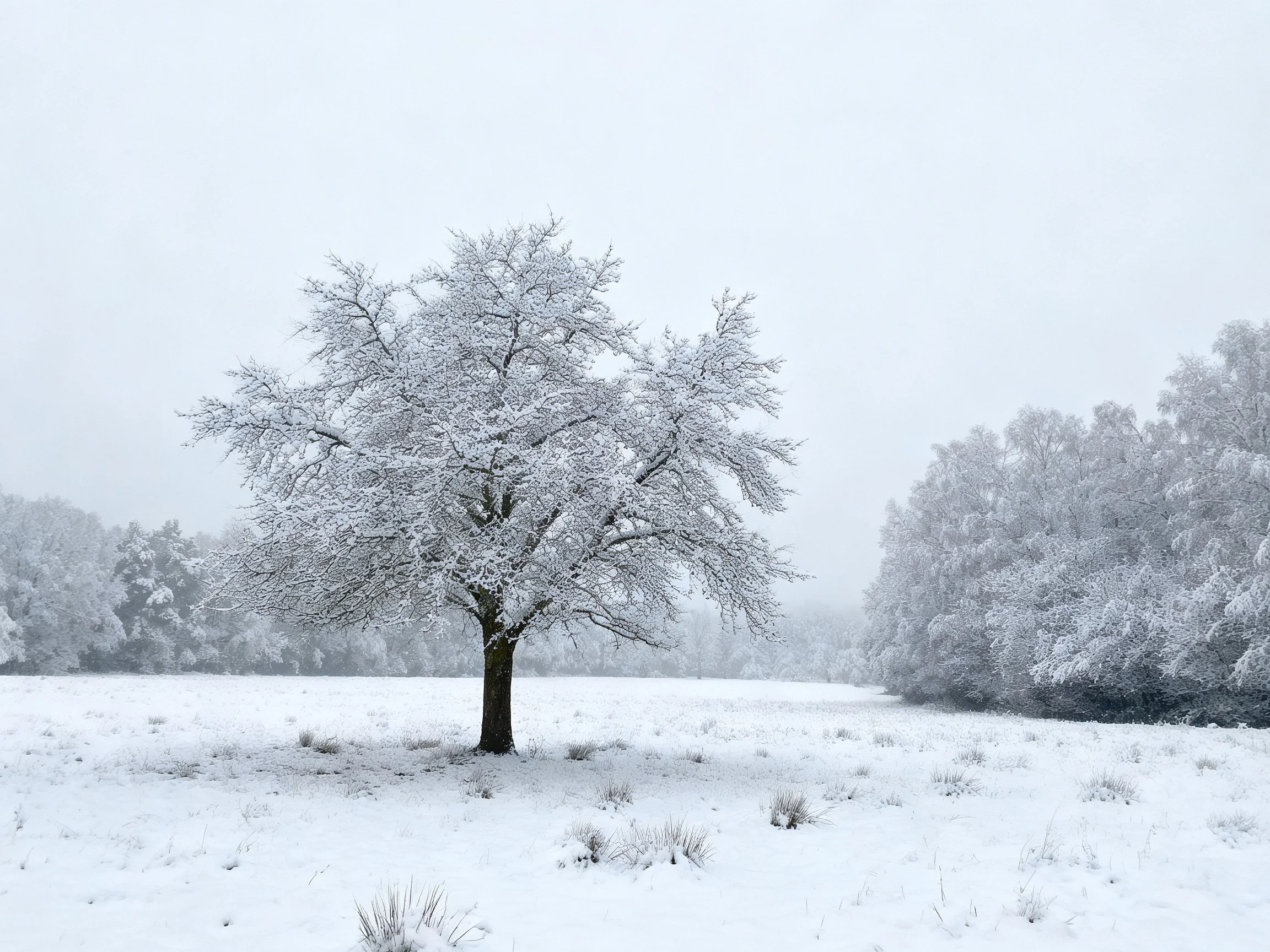 A solitary snow-laden tree in a wide, wintry field