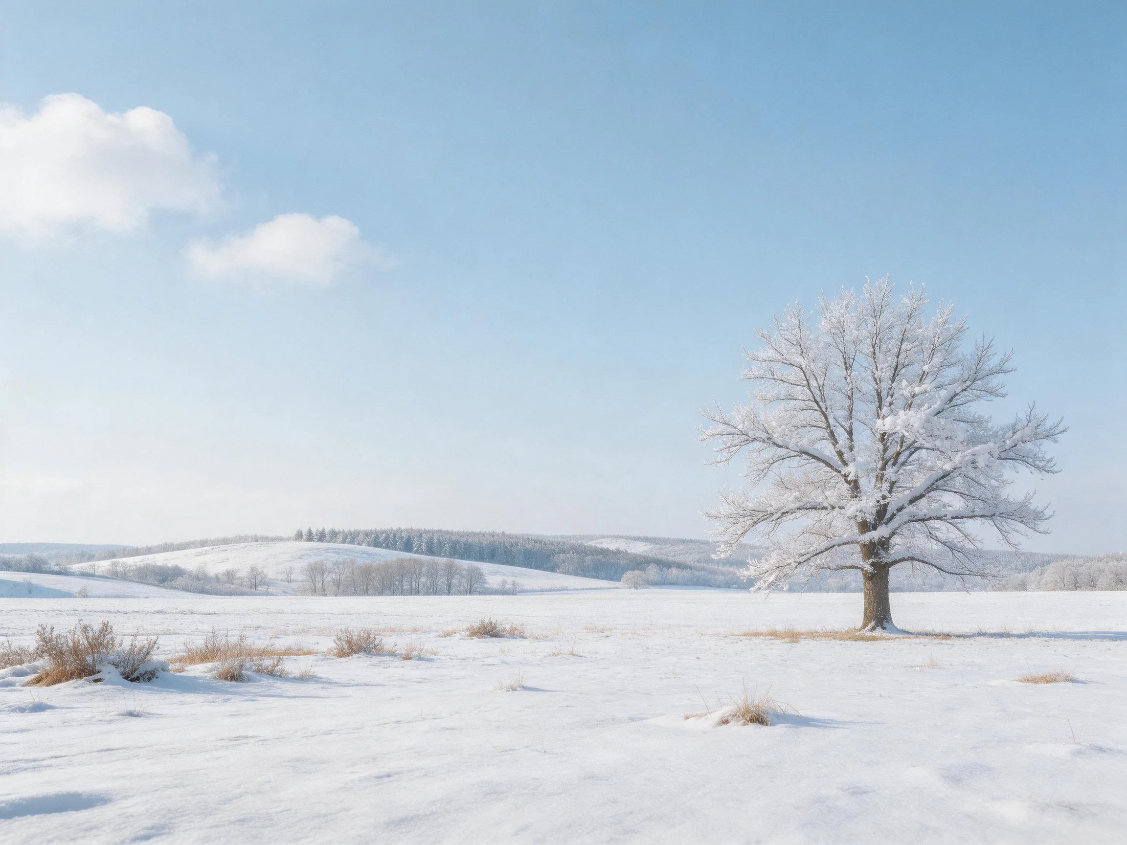 A solitary snow-laden tree in an expansive winter field