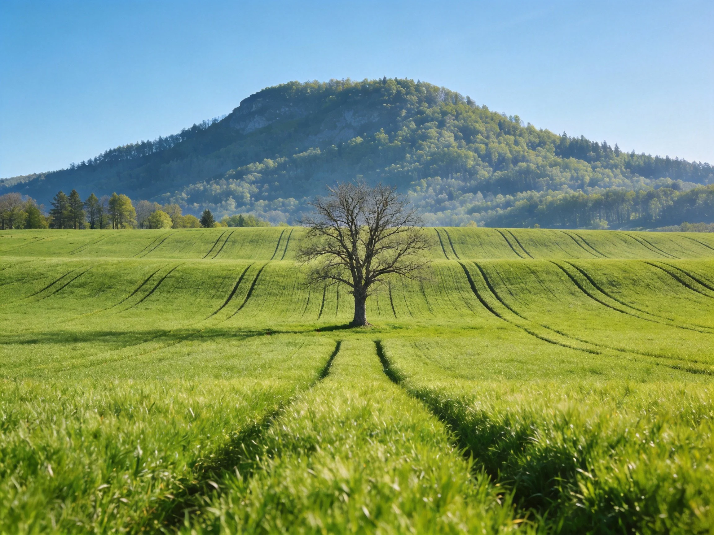 A solitary tree amidst verdant fields near a forested hill