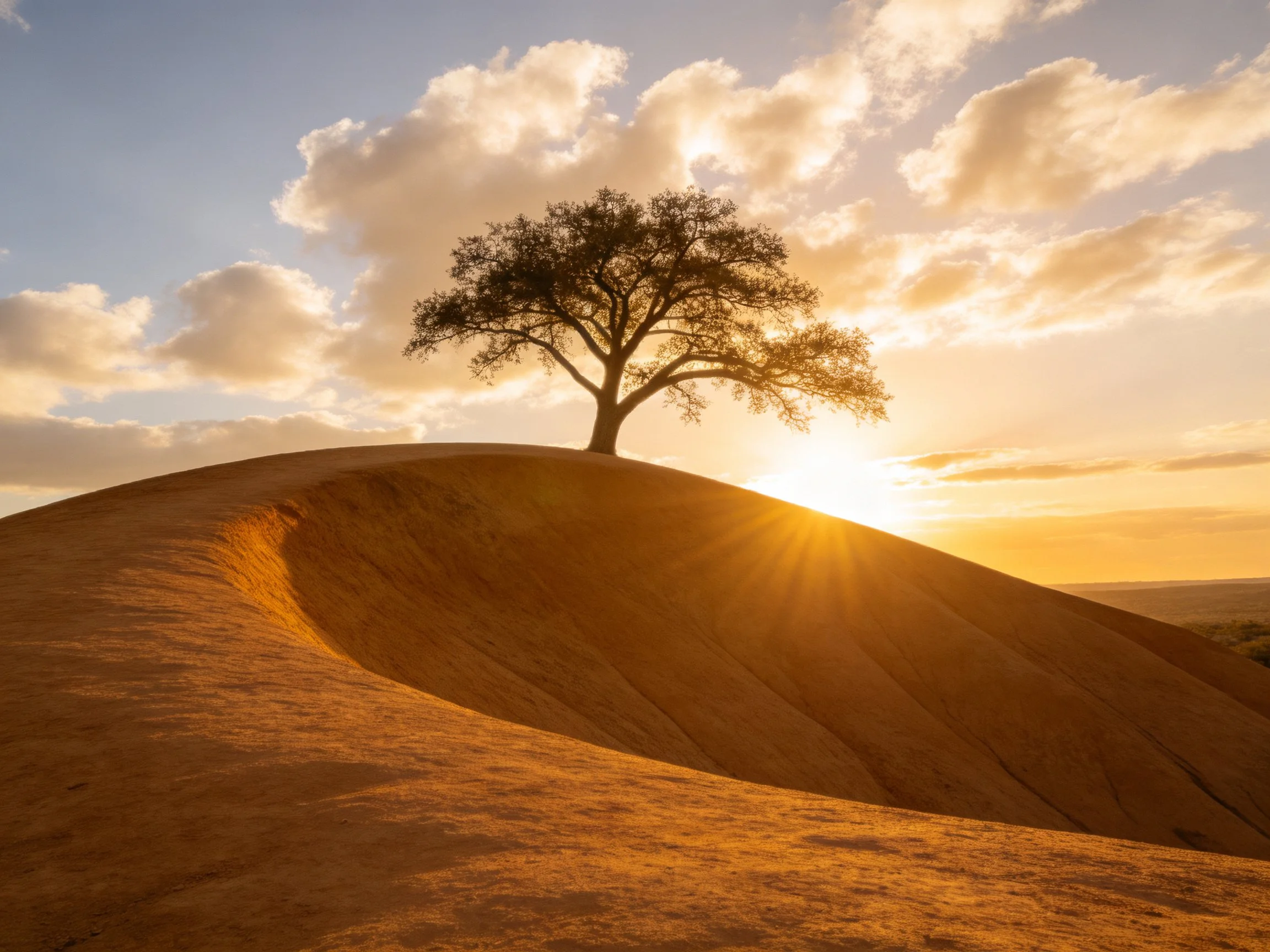 A solitary tree atop a golden sand mound under sunset skies