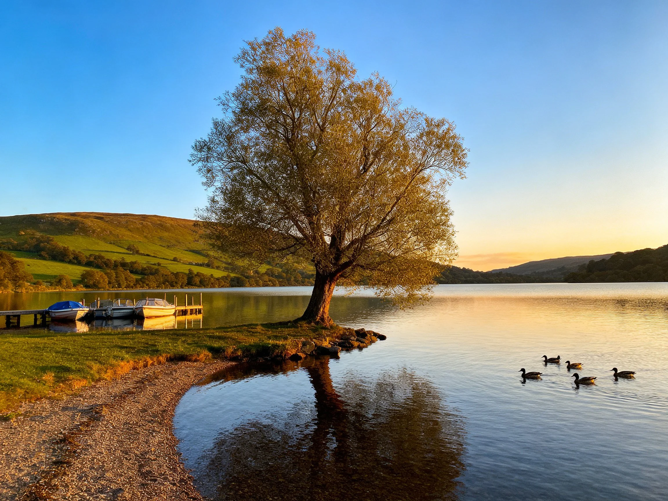 A solitary tree by a calm lake with ducks and boats near rolling green hills