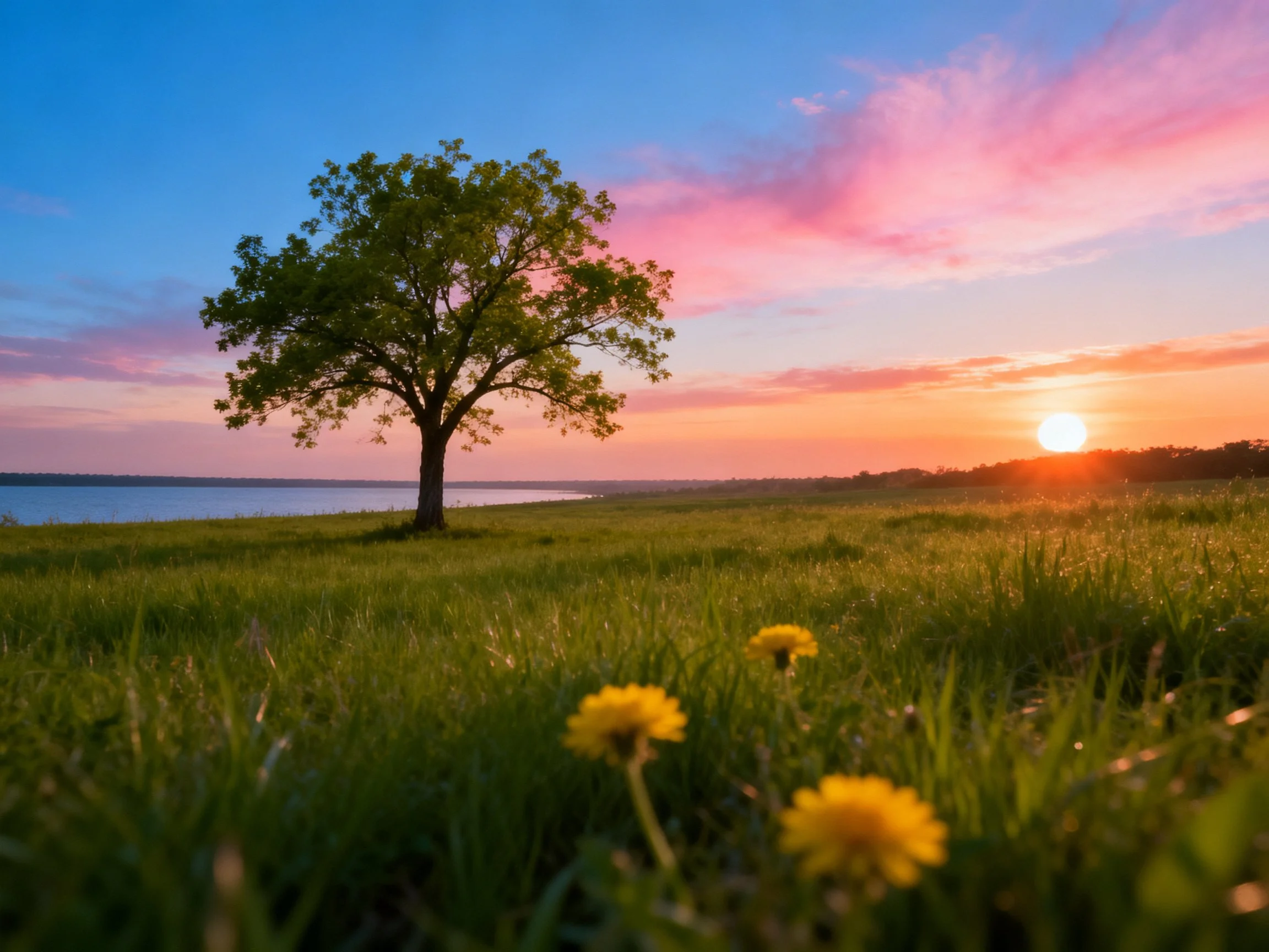 A solitary tree in a green meadow by a lake under colorful sunset skies