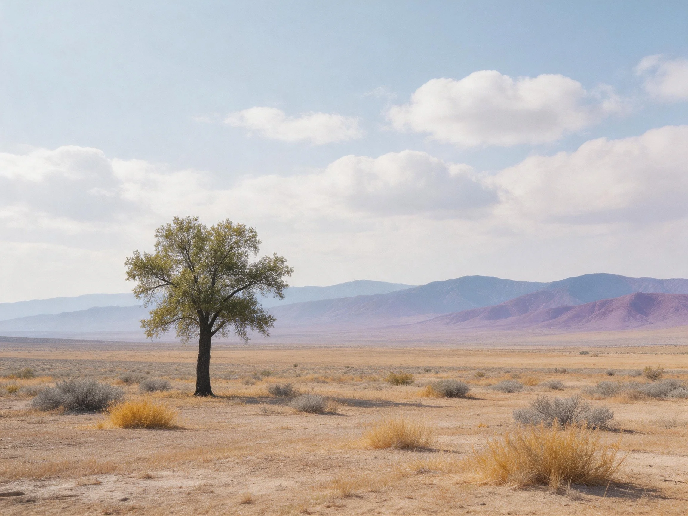 A solitary tree in a vast arid landscape with distant mountains