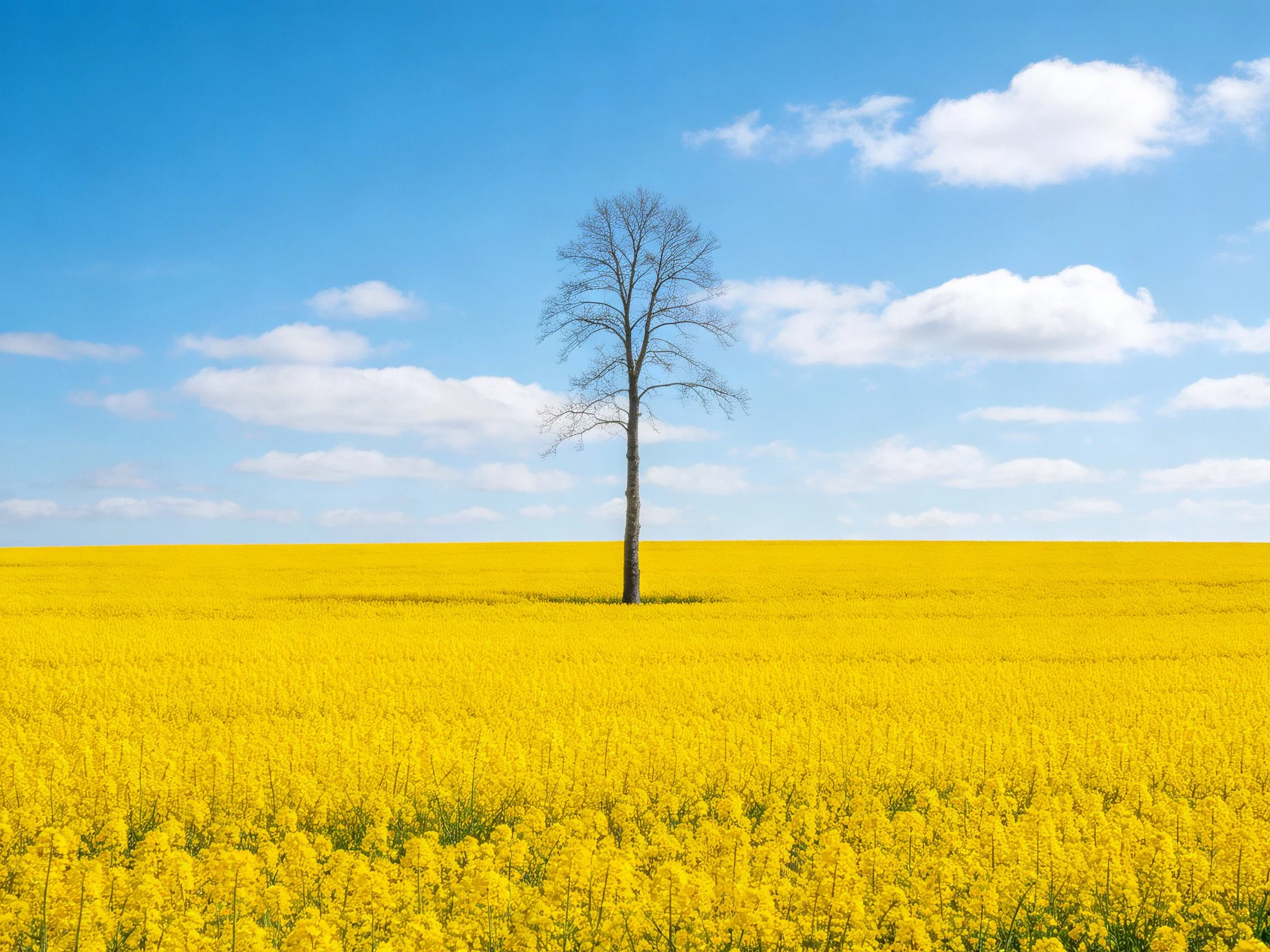 A solitary tree in a vast yellow flower field under bright blue sky