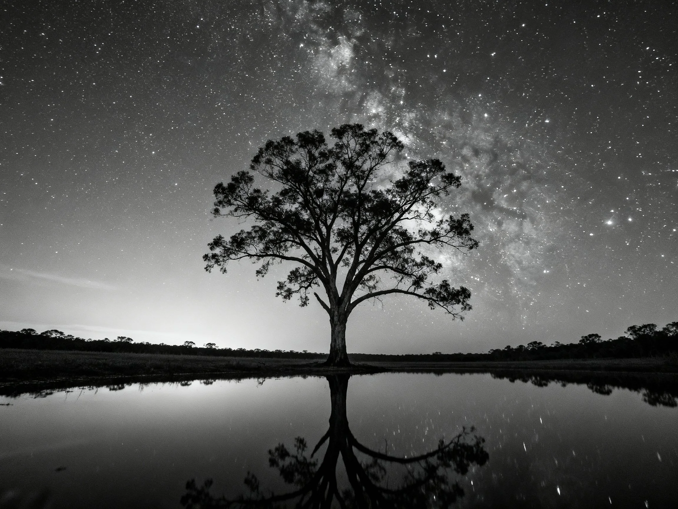 A solitary tree reflected in calm water under starry night sky
