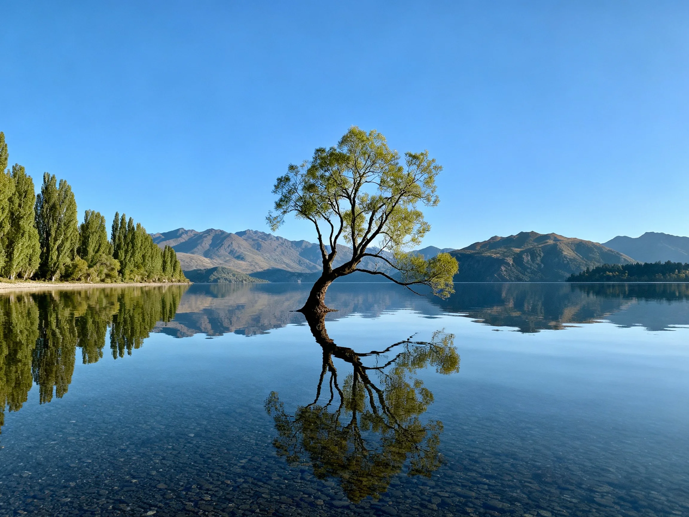 A solitary tree reflected in tranquil lake waters near mountainous landscape