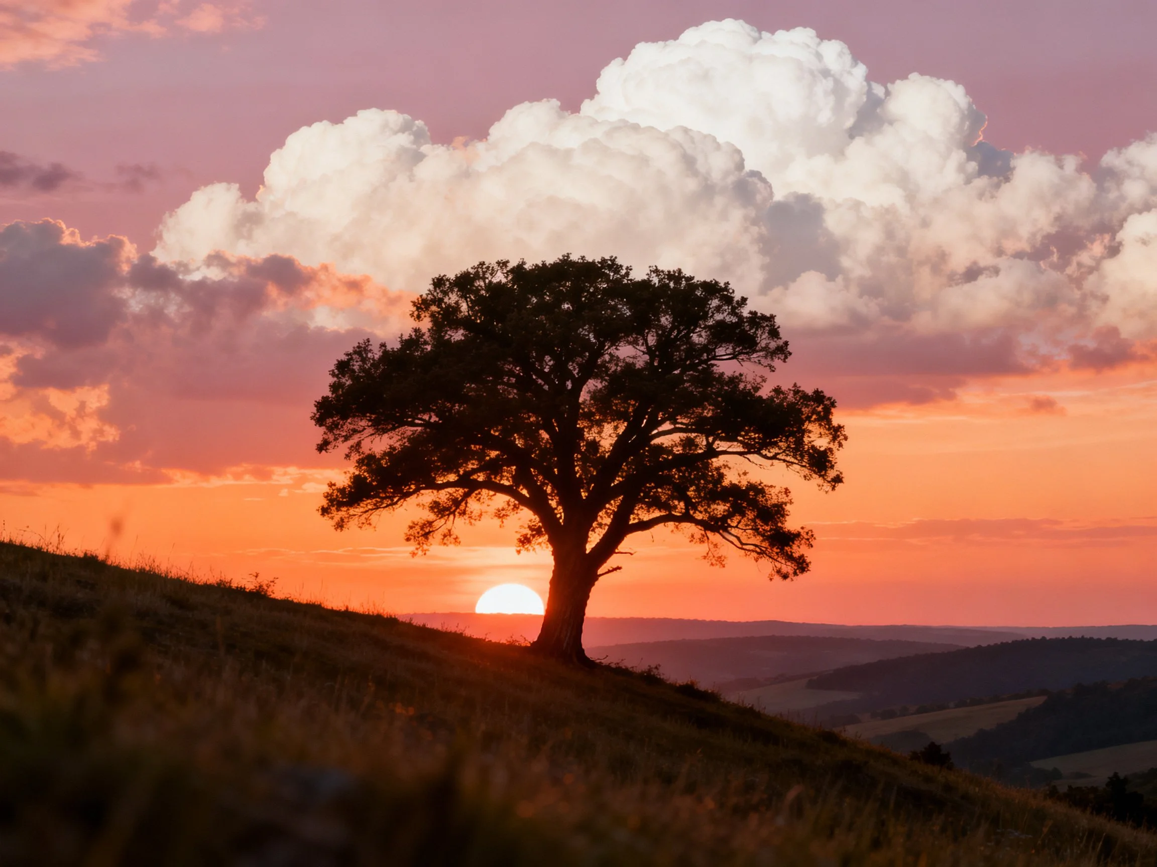 A solitary tree silhouetted against a vibrant sunset sky