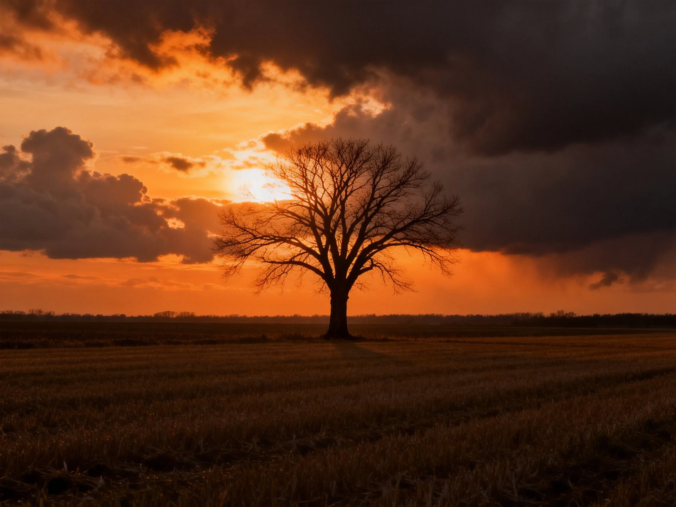 A solitary tree silhouetted against vibrant sunset and dark storm clouds over open fields.