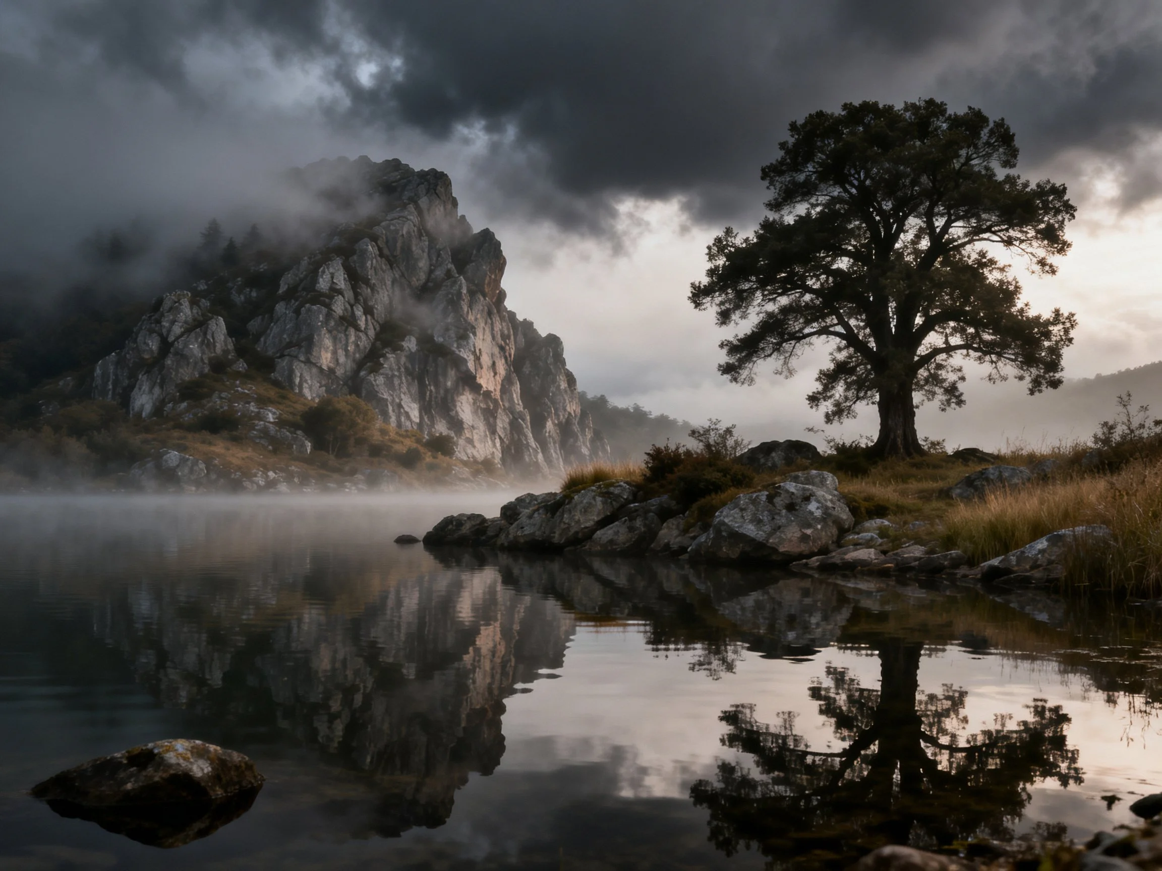 A solitary tree stands by a misty lake reflecting a rocky mountain under dark clouds.