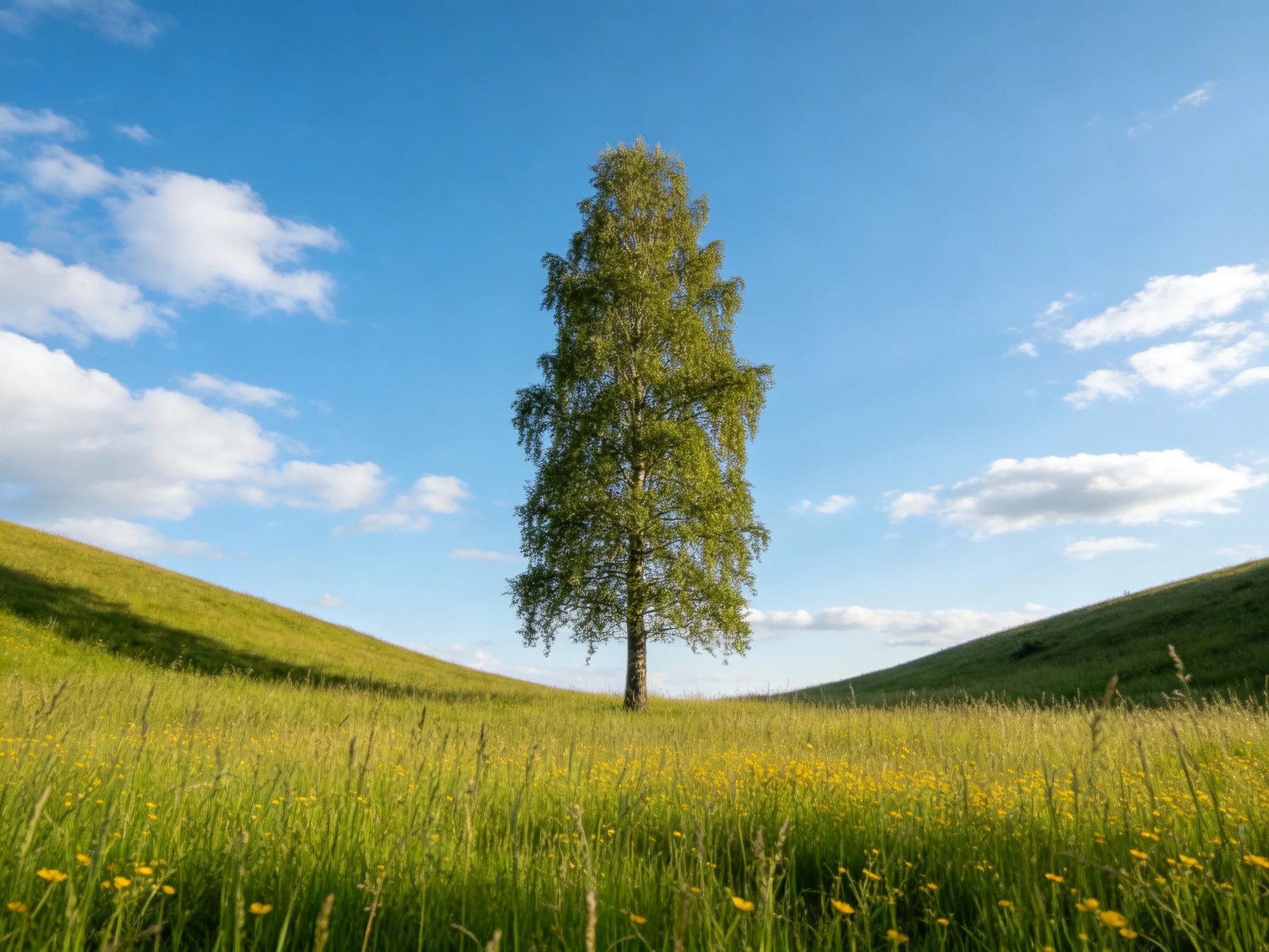 A solitary tree stands in a lush meadow with rolling green hills