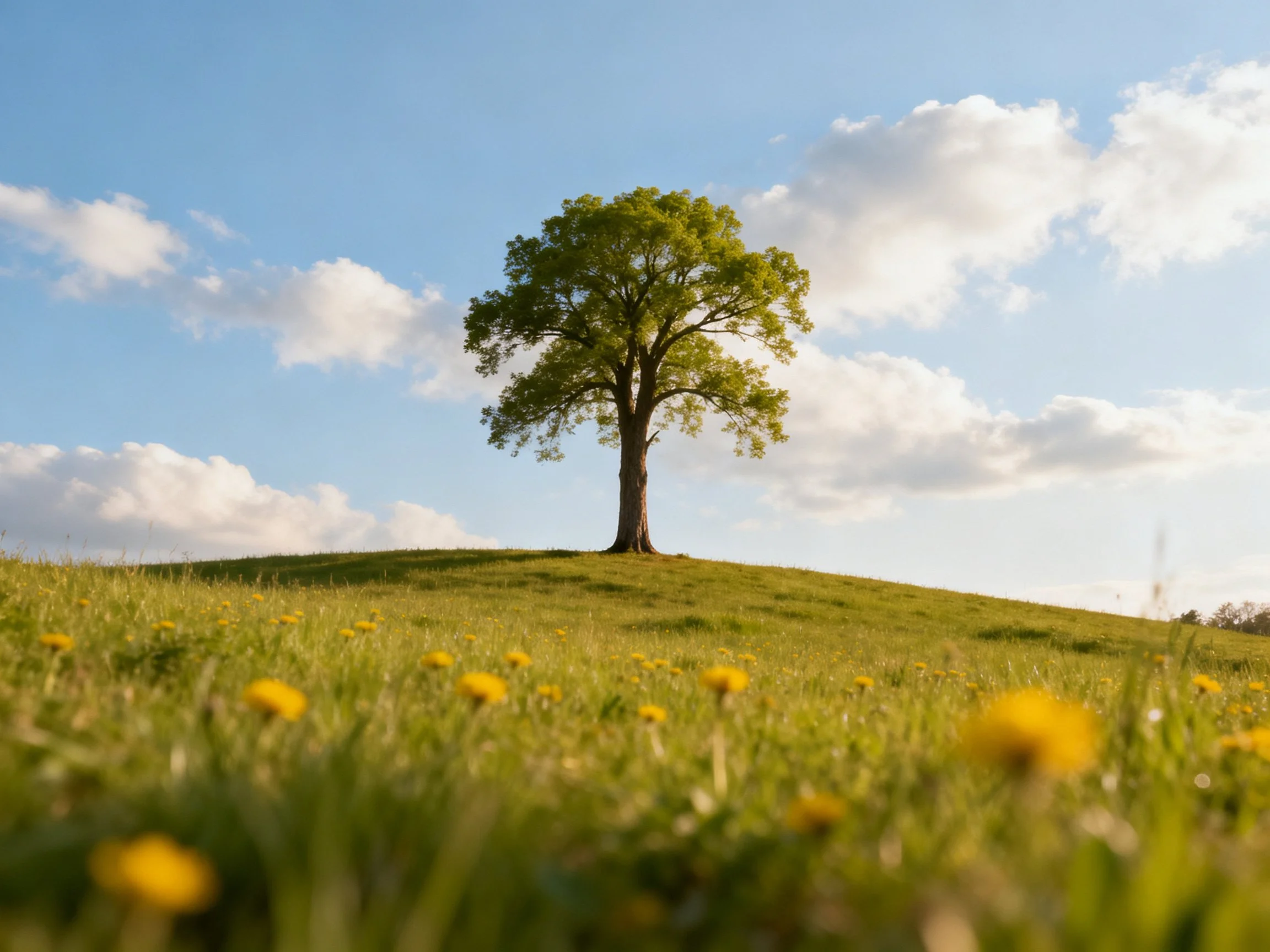 A solitary tree stands on a grassy hill with yellow wildflowers