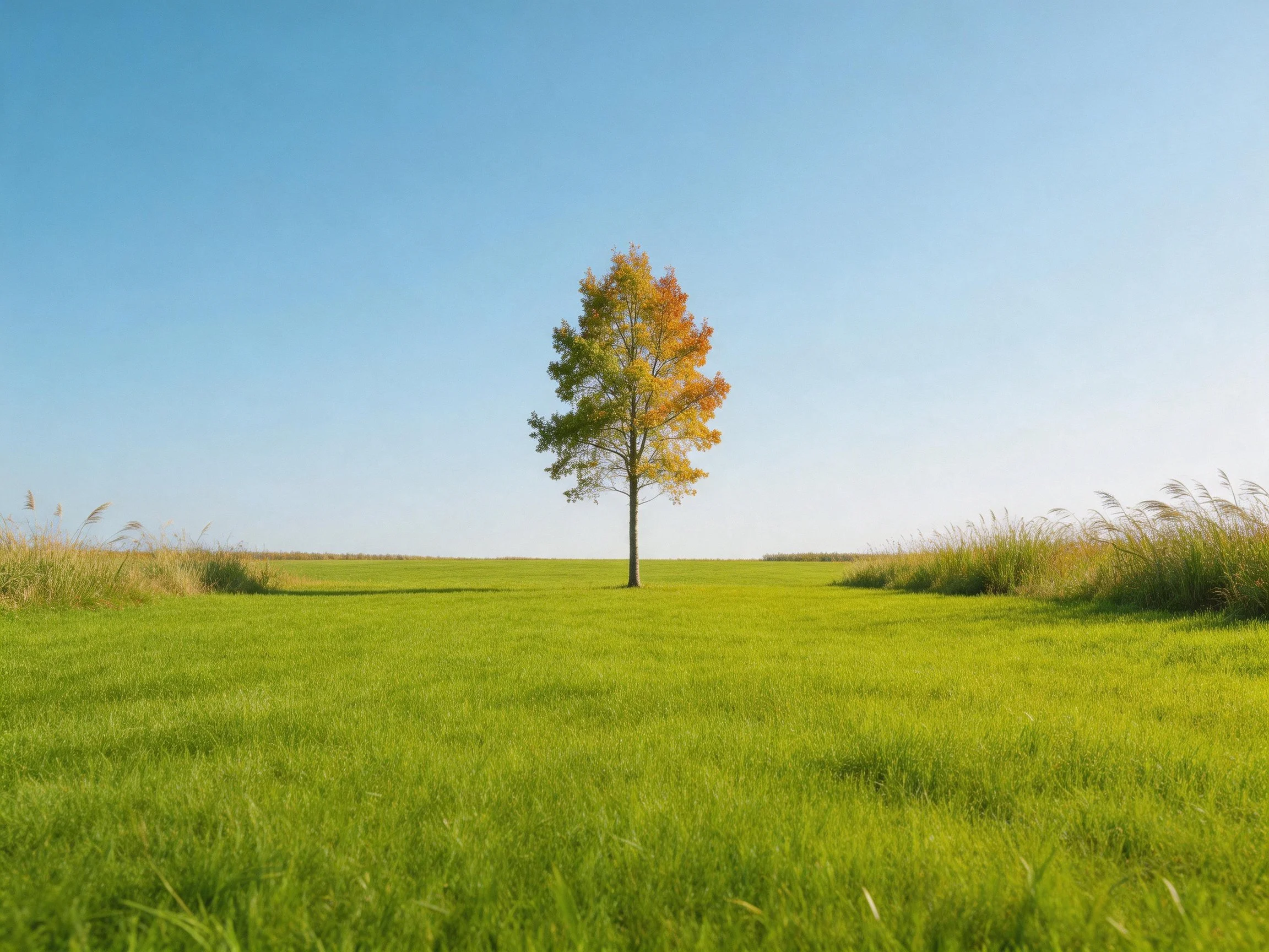 A solitary tree with autumn-colored foliage stands in an expansive green meadow