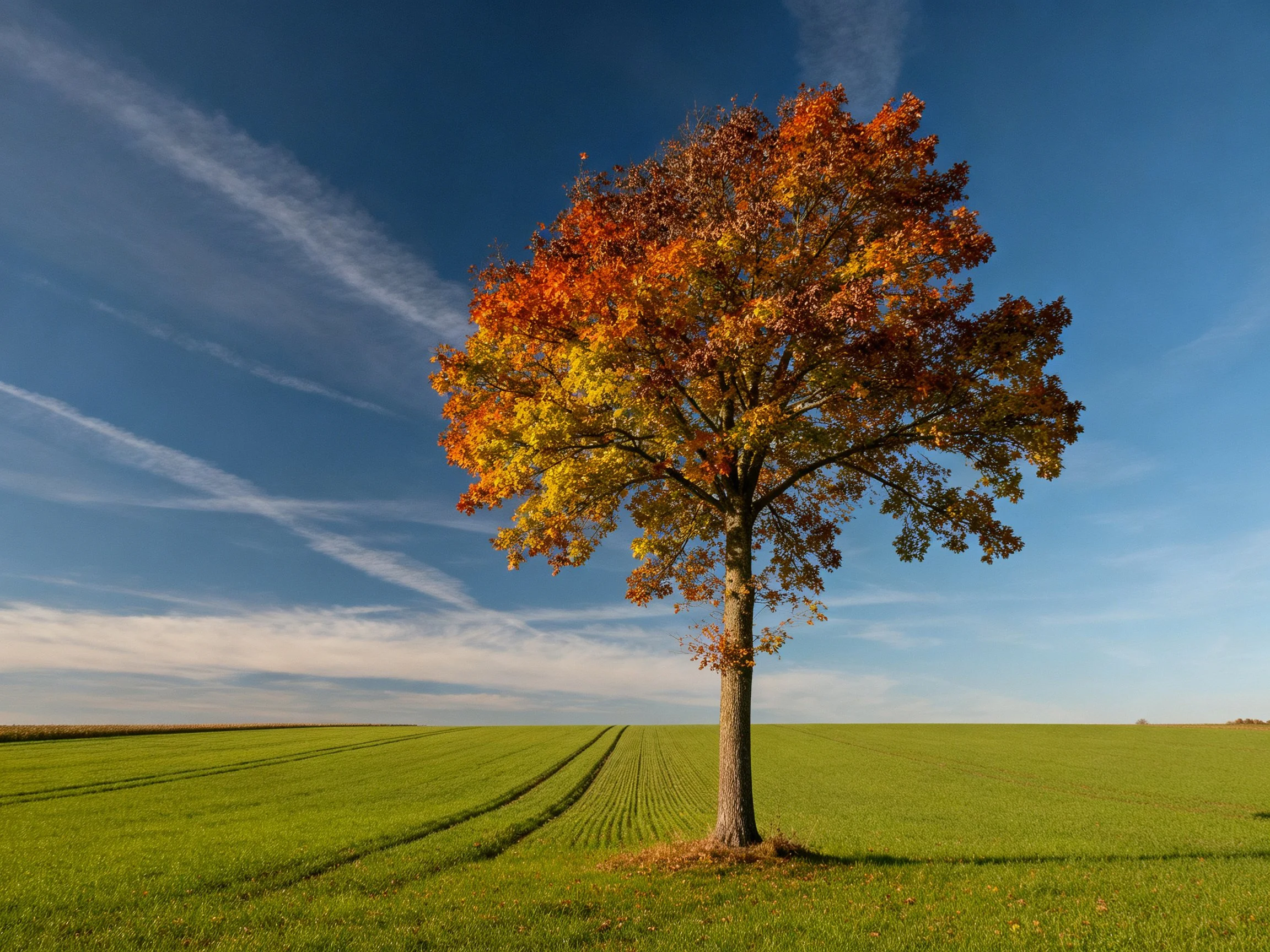 A solitary tree with autumn-hued foliage in a vast green field