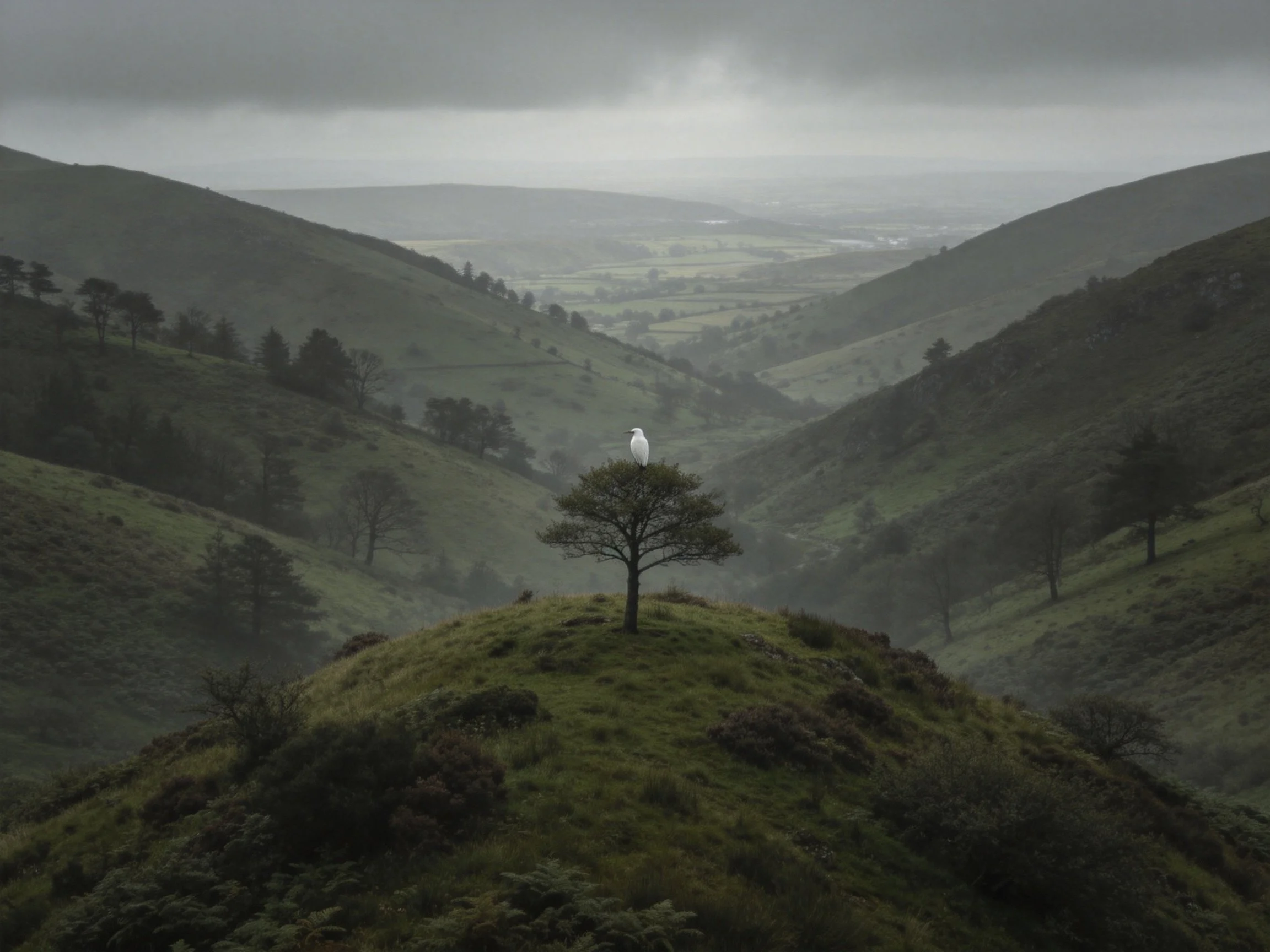 A solitary white bird perched atop a lone tree in misty green valleys