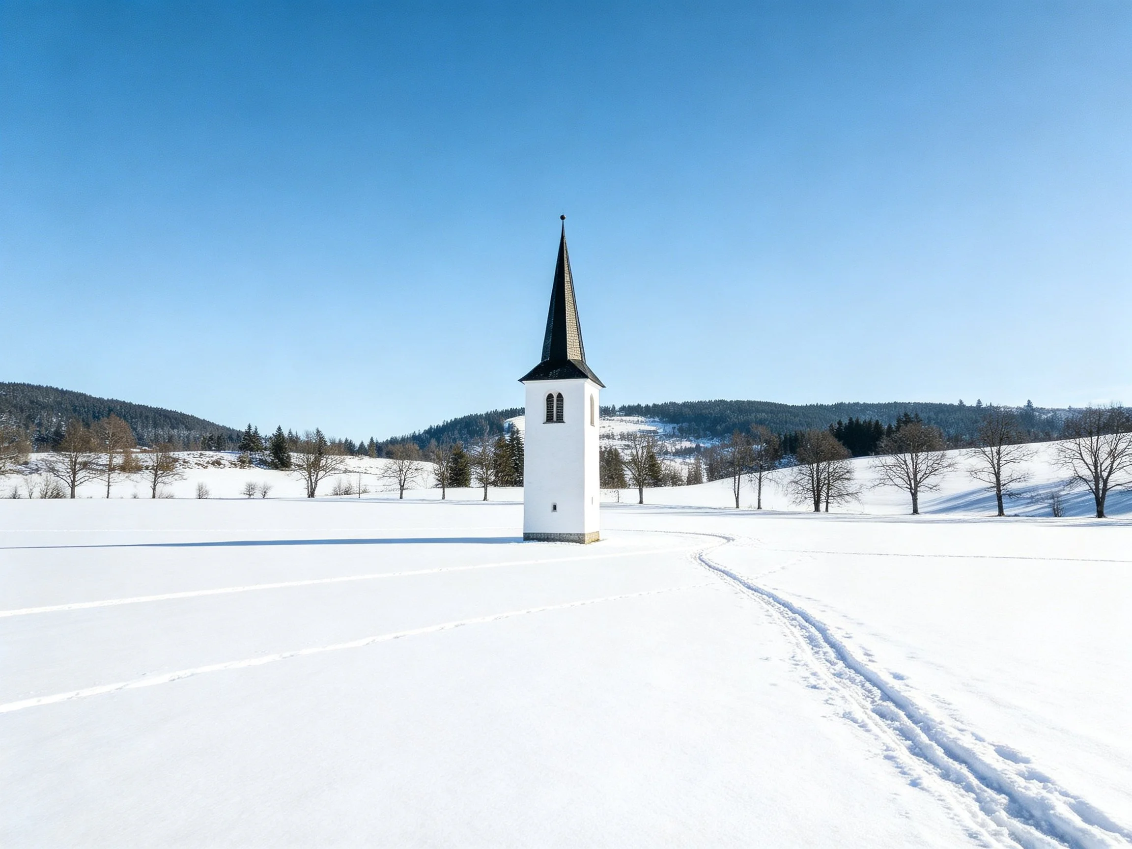 A solitary white church tower in a vast winter landscape