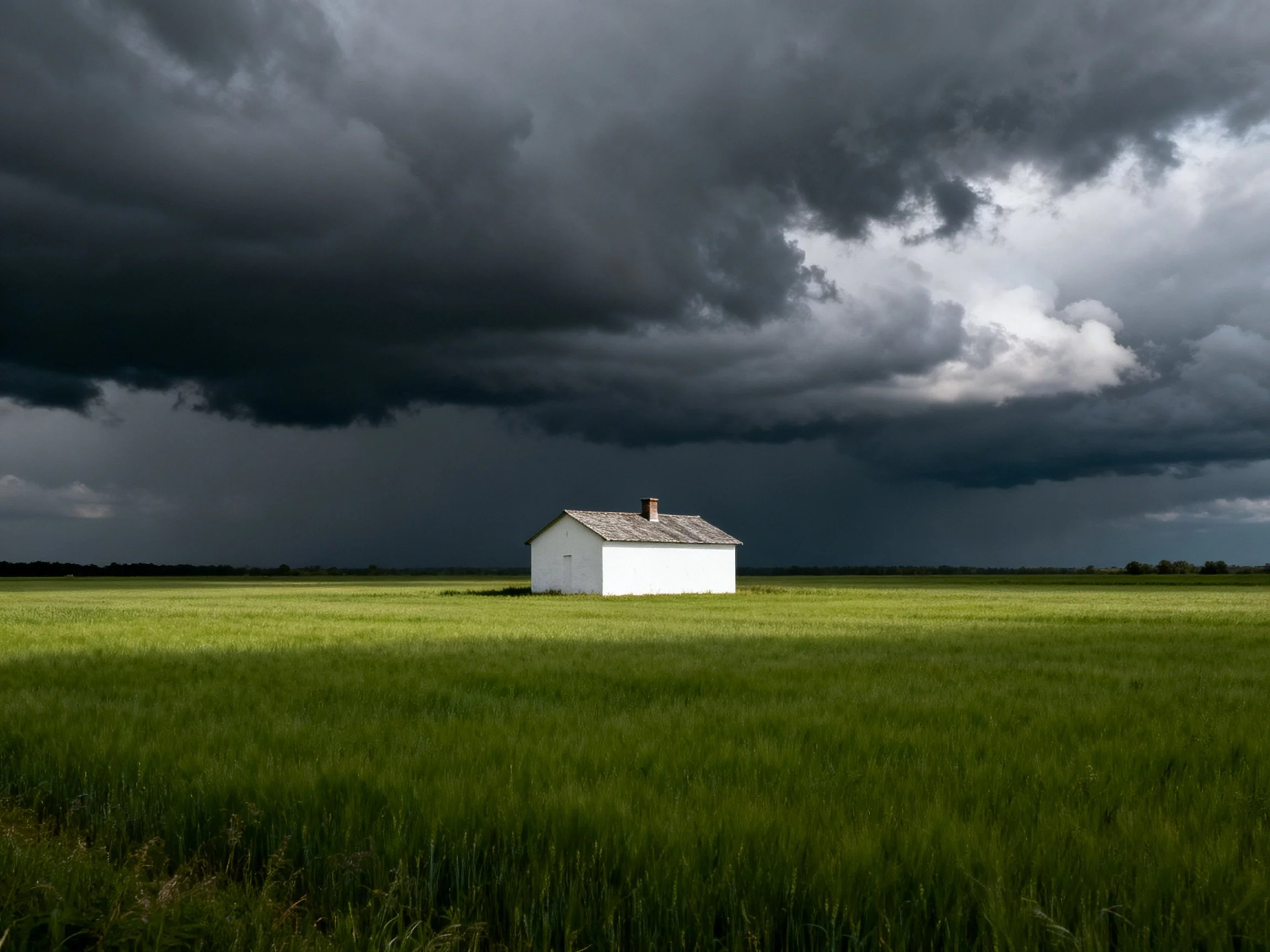 A solitary white house amidst vast green fields under ominous storm clouds