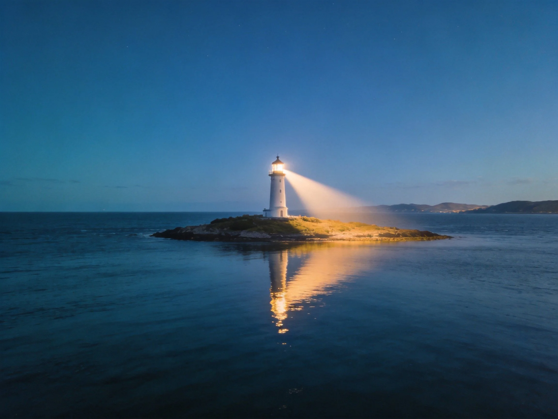 A solitary white lighthouse beams light over calm blue waters