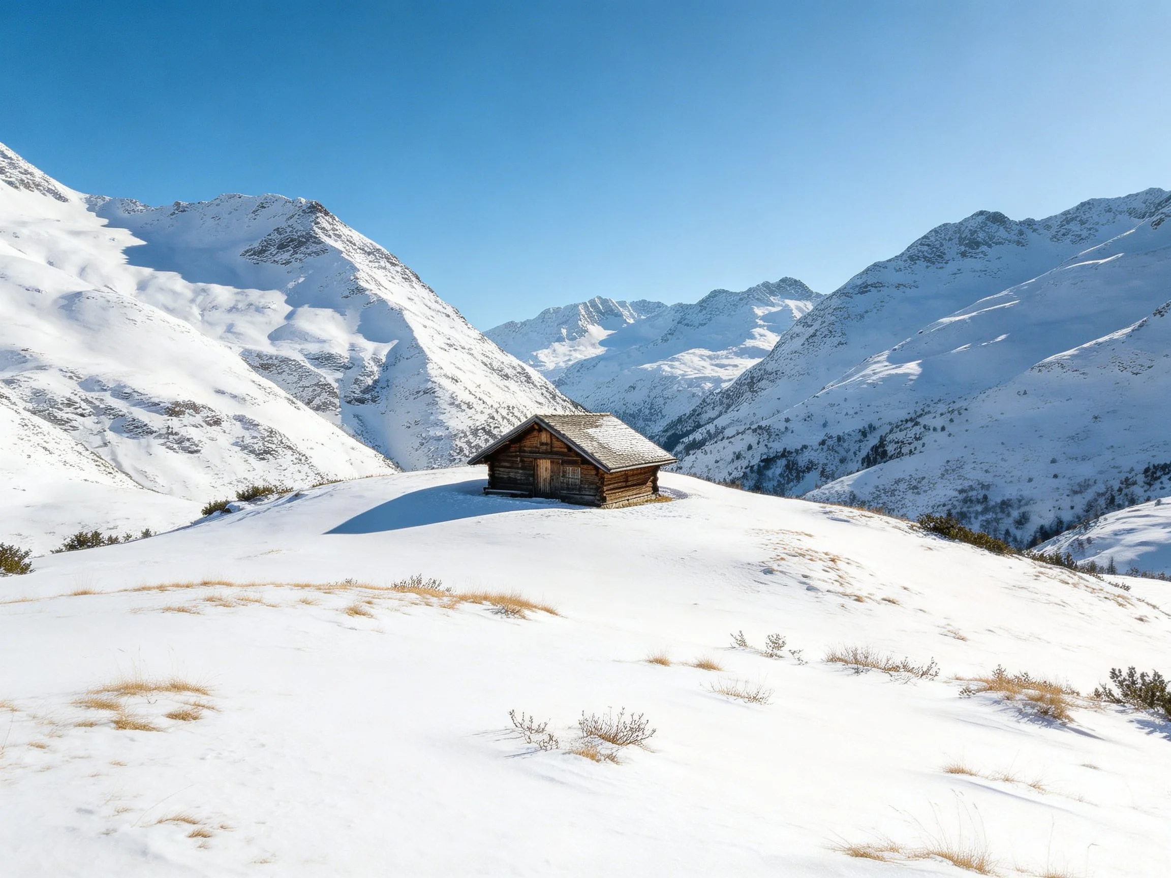 A solitary wooden cabin amidst vast snow-covered mountains