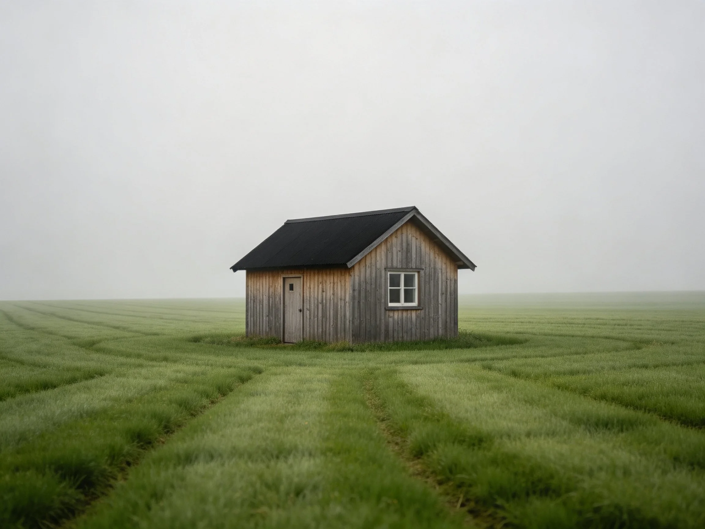 A solitary wooden cabin in vast green fields under misty skies