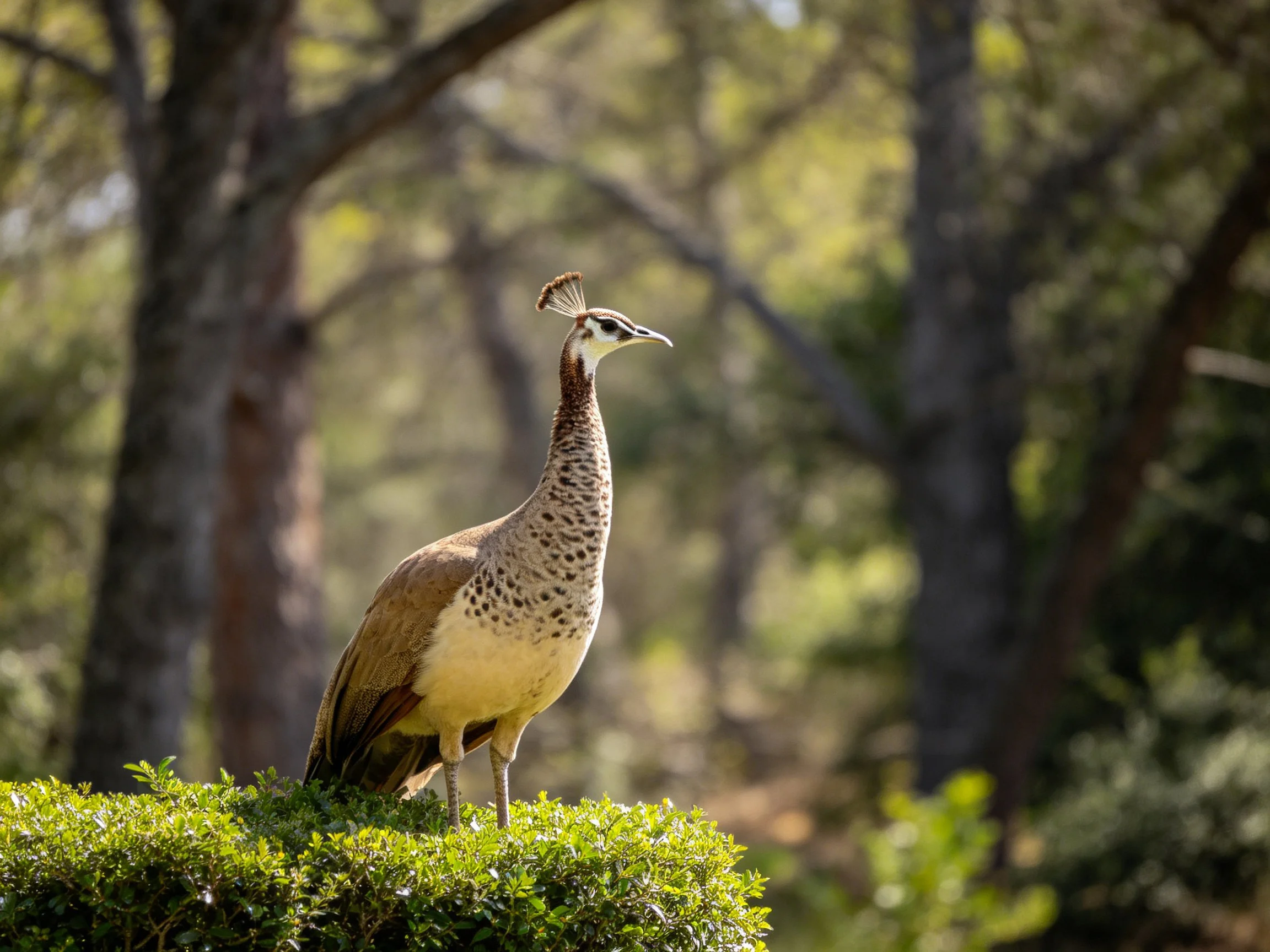A speckled peahen perched on lush green shrubbery near tall trees