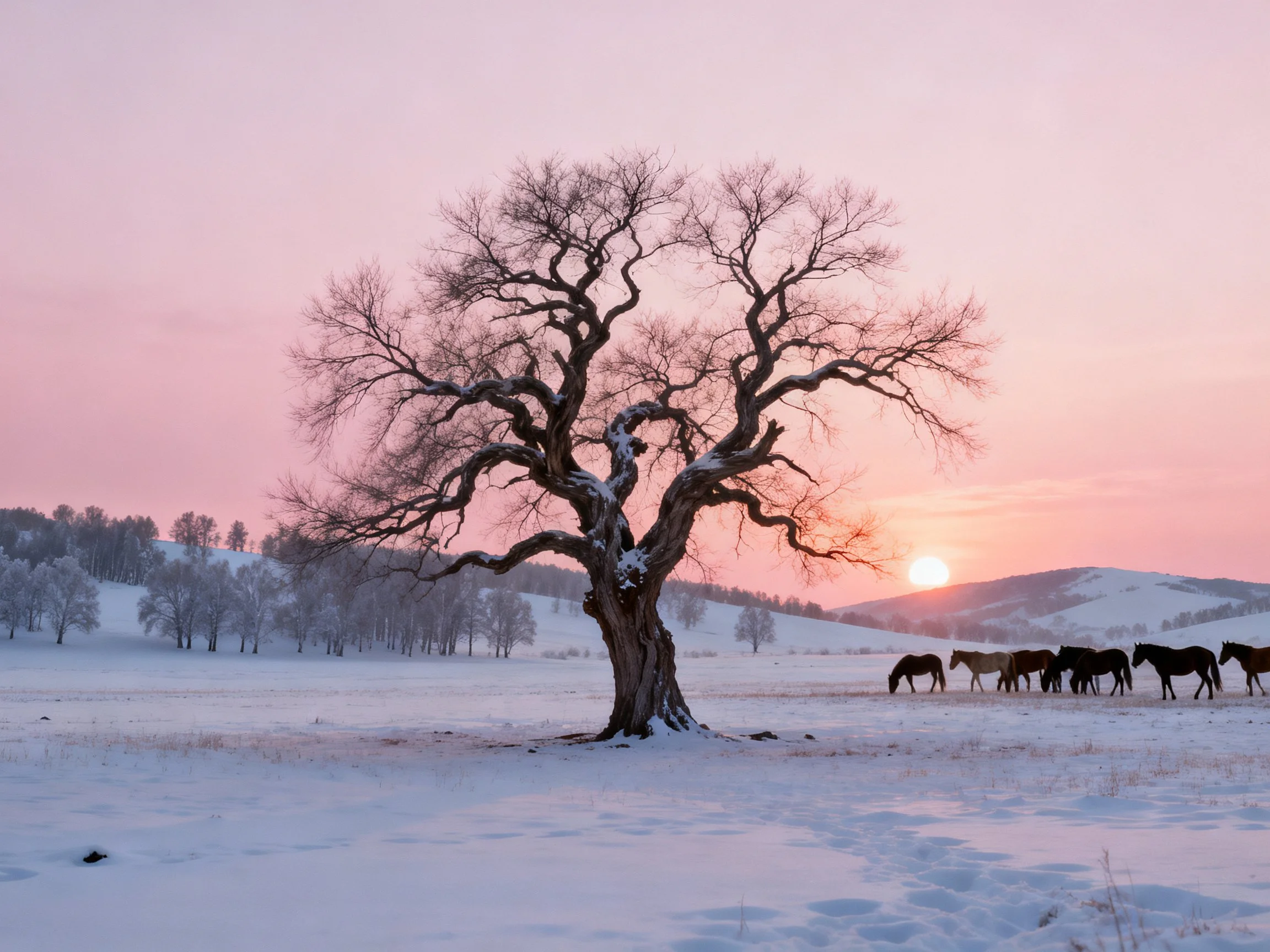 A sprawling bare tree stands in a snow-covered field with horses under a pink sunset