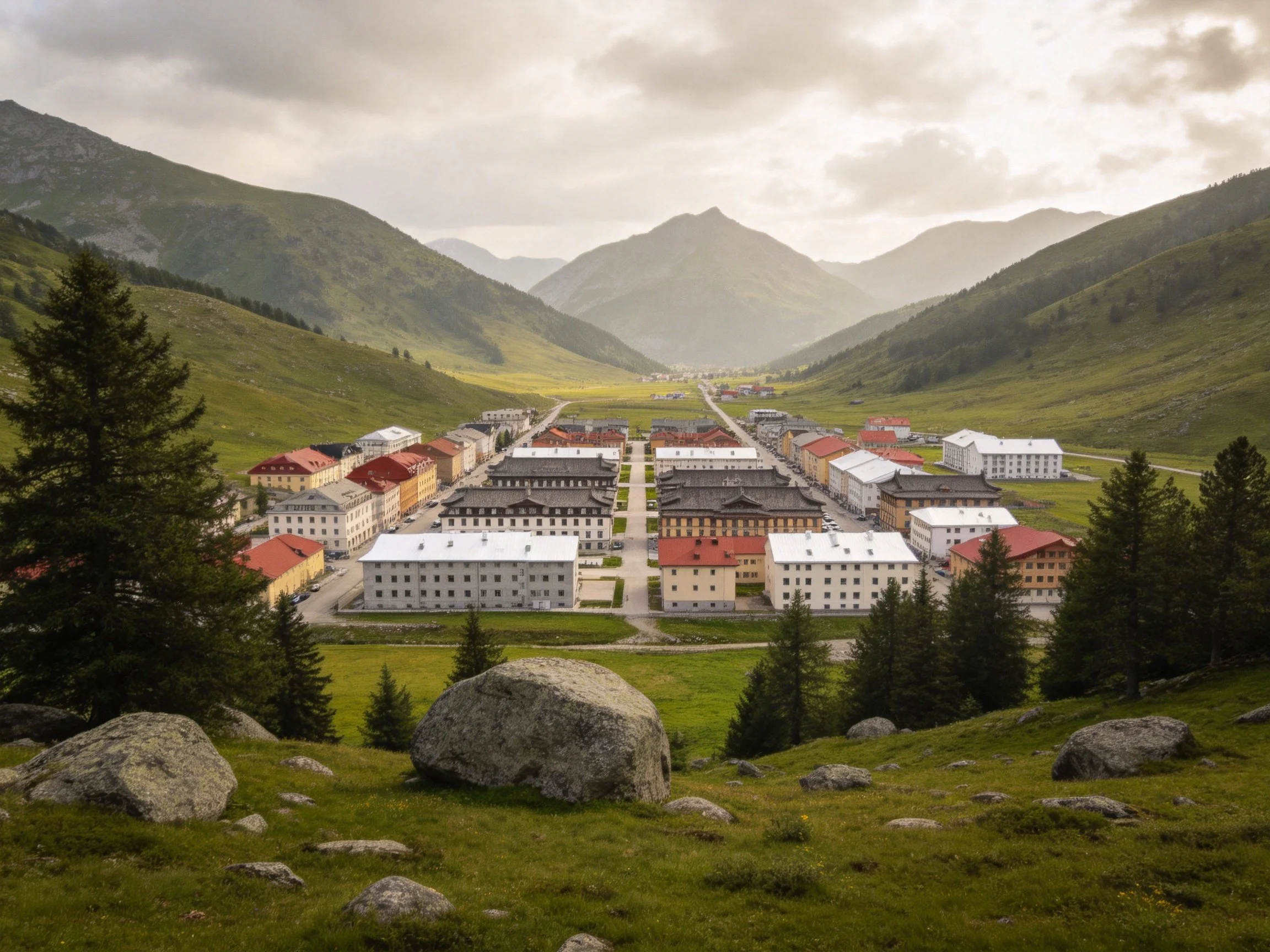 A sprawling complex with multicolored roofs in a mountain valley