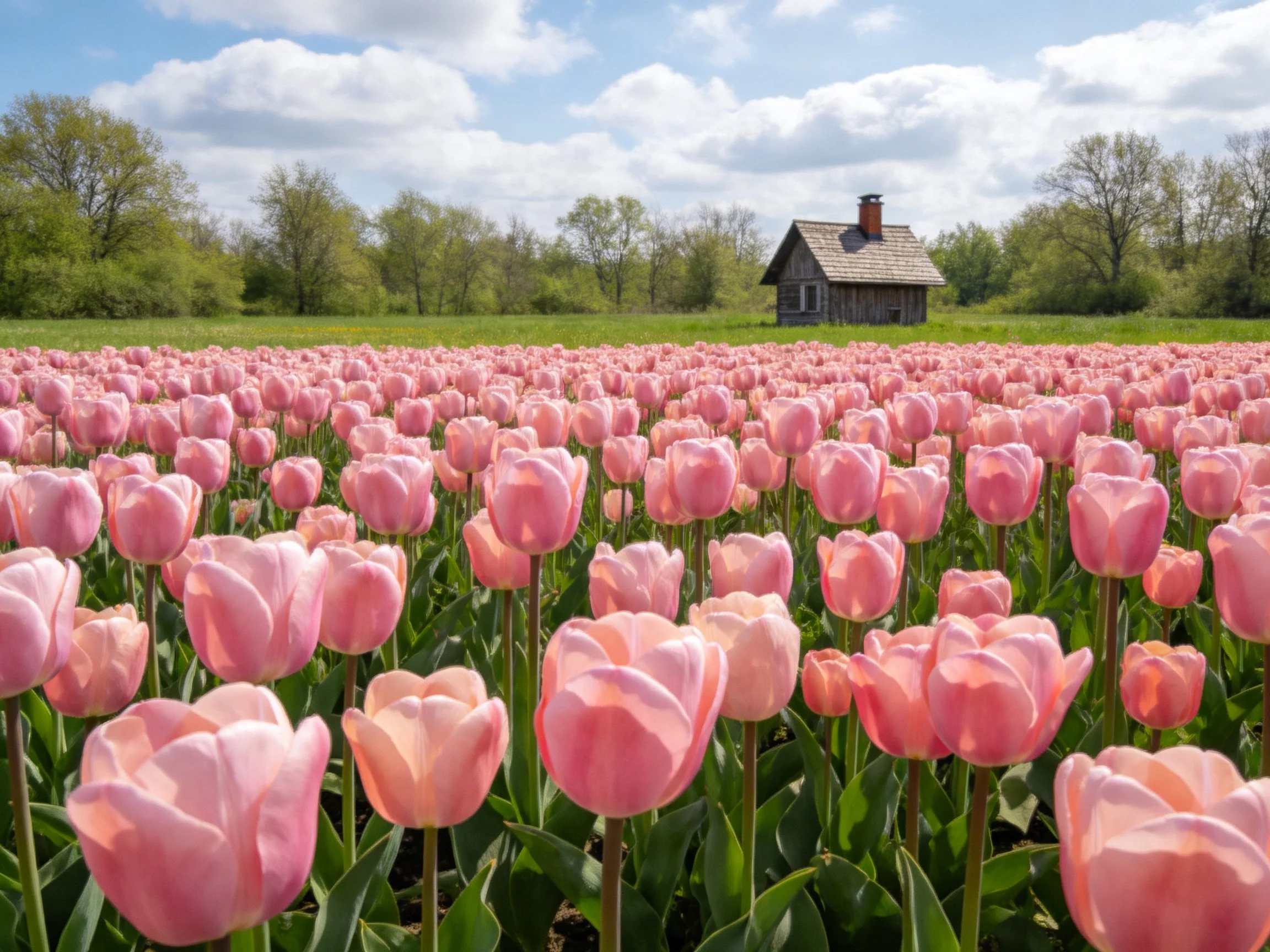 A sprawling field of pink tulips near a rustic wooden house