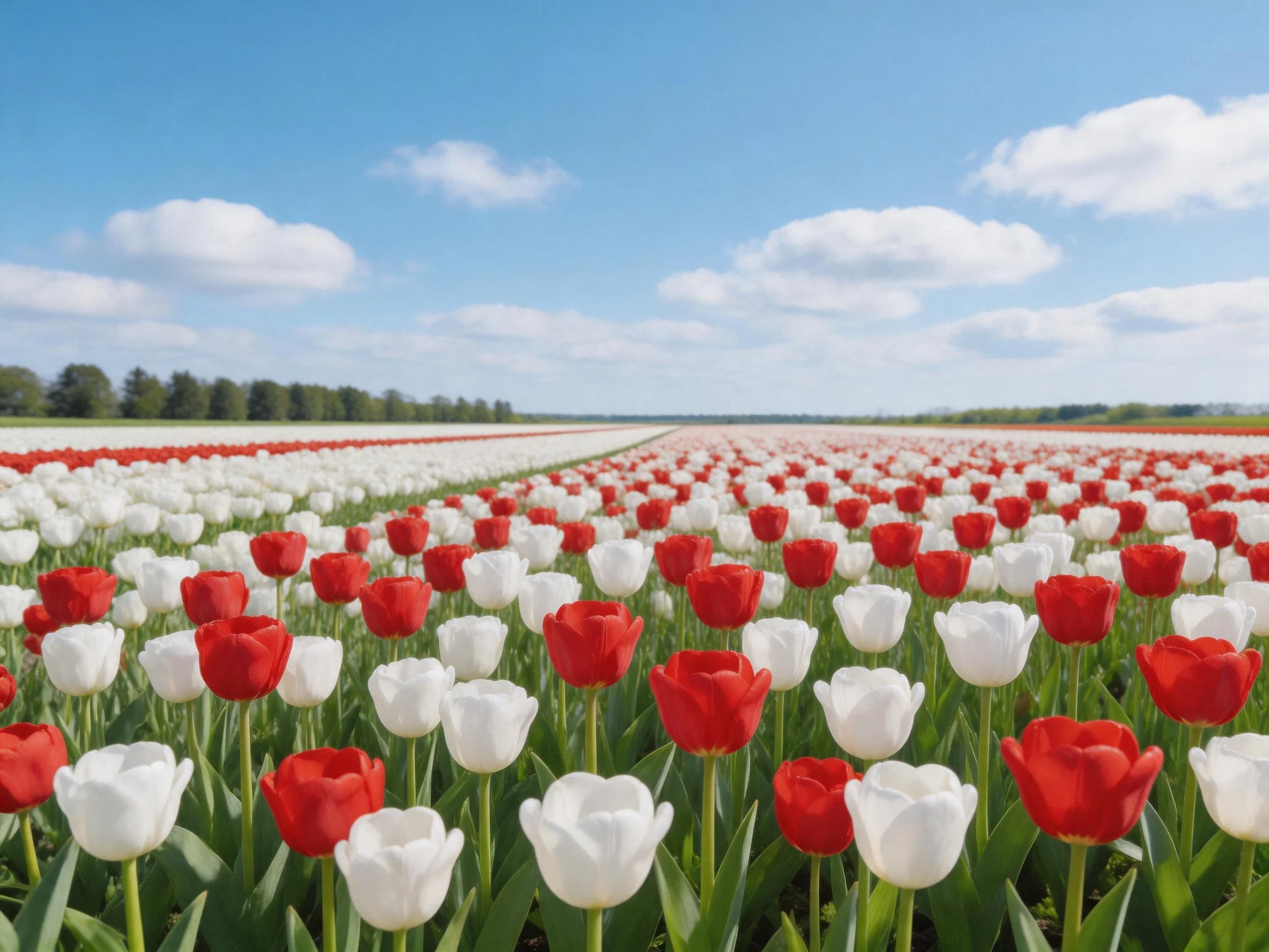 A sprawling field of red and white tulips under bright blue sky
