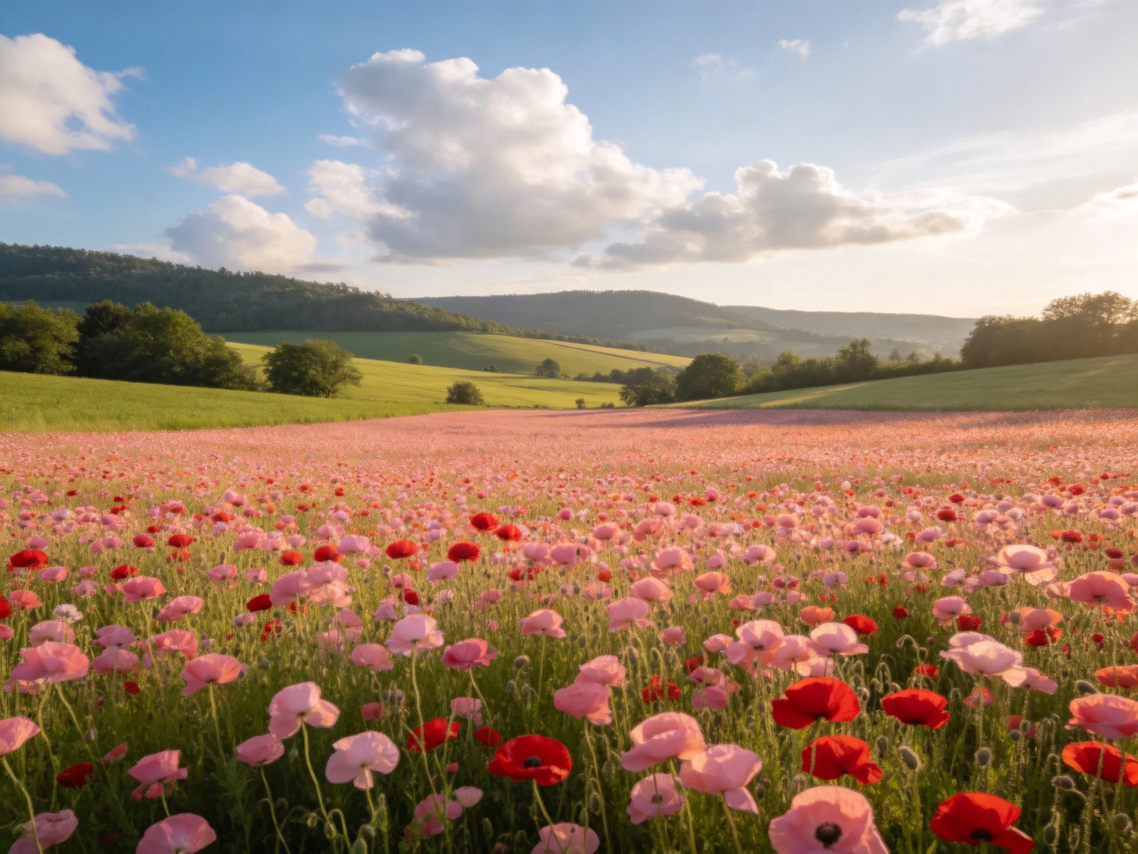 A sprawling flower field with pink and red blooms near rolling green hills
