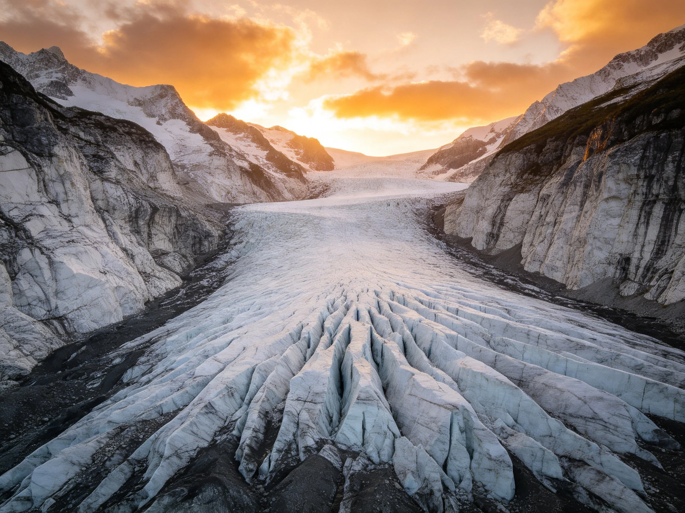A sprawling glacier between rocky mountain slopes under golden sunset