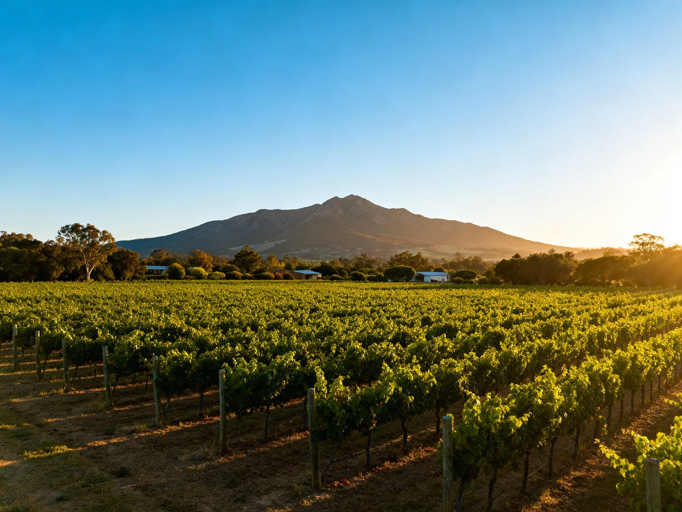 A sprawling vineyard with neatly arranged grapevines and distant mountain range