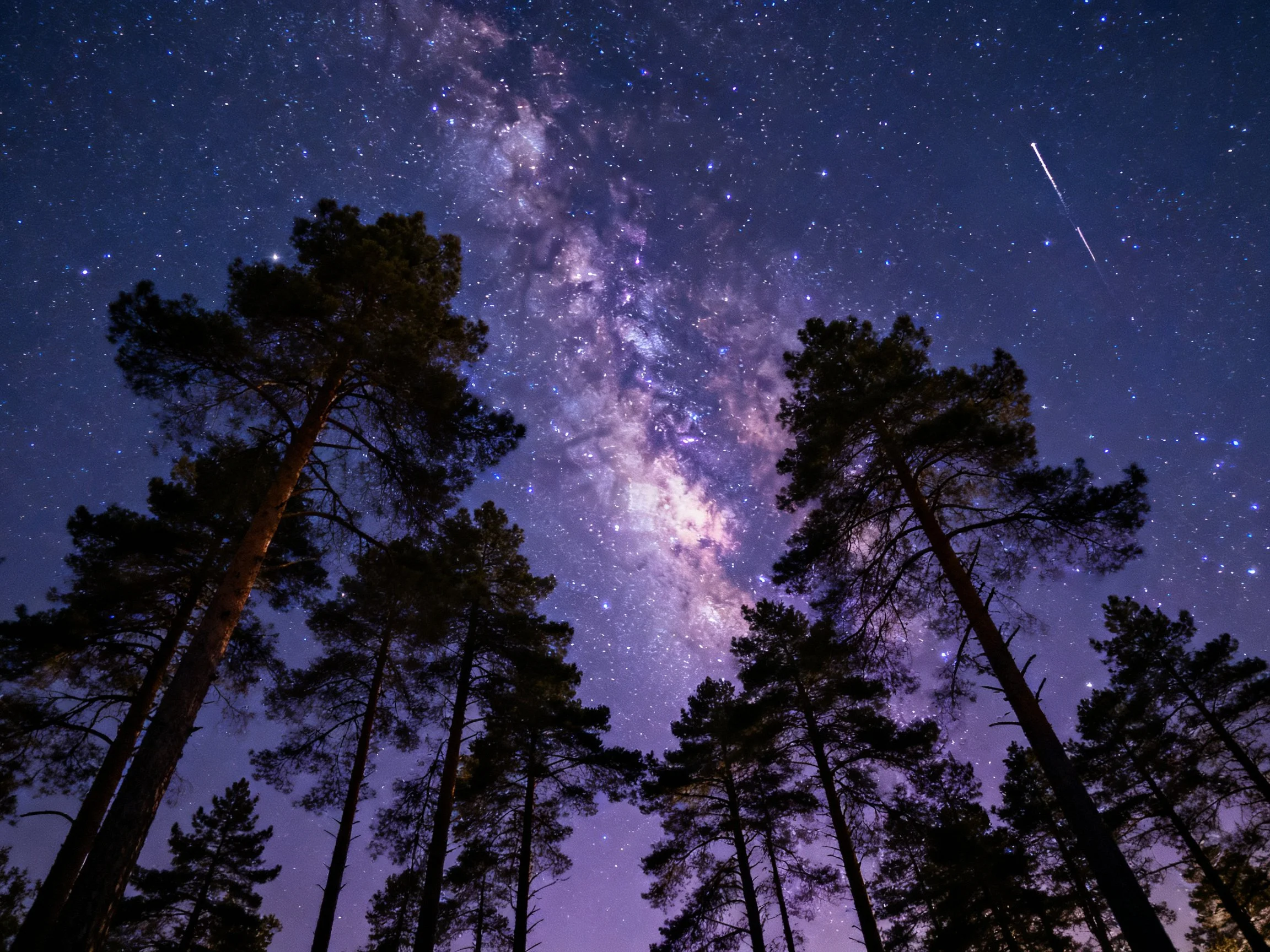 A star-filled night sky with silhouetted pine trees and Milky Way