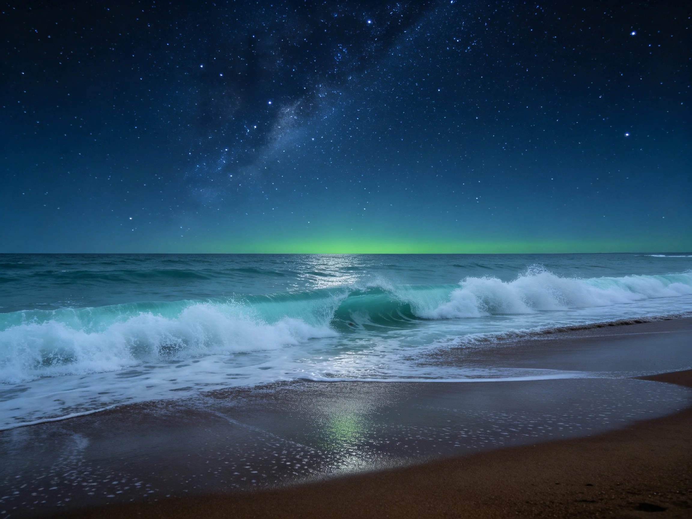 A starry night beach with turquoise waves and green horizon glow