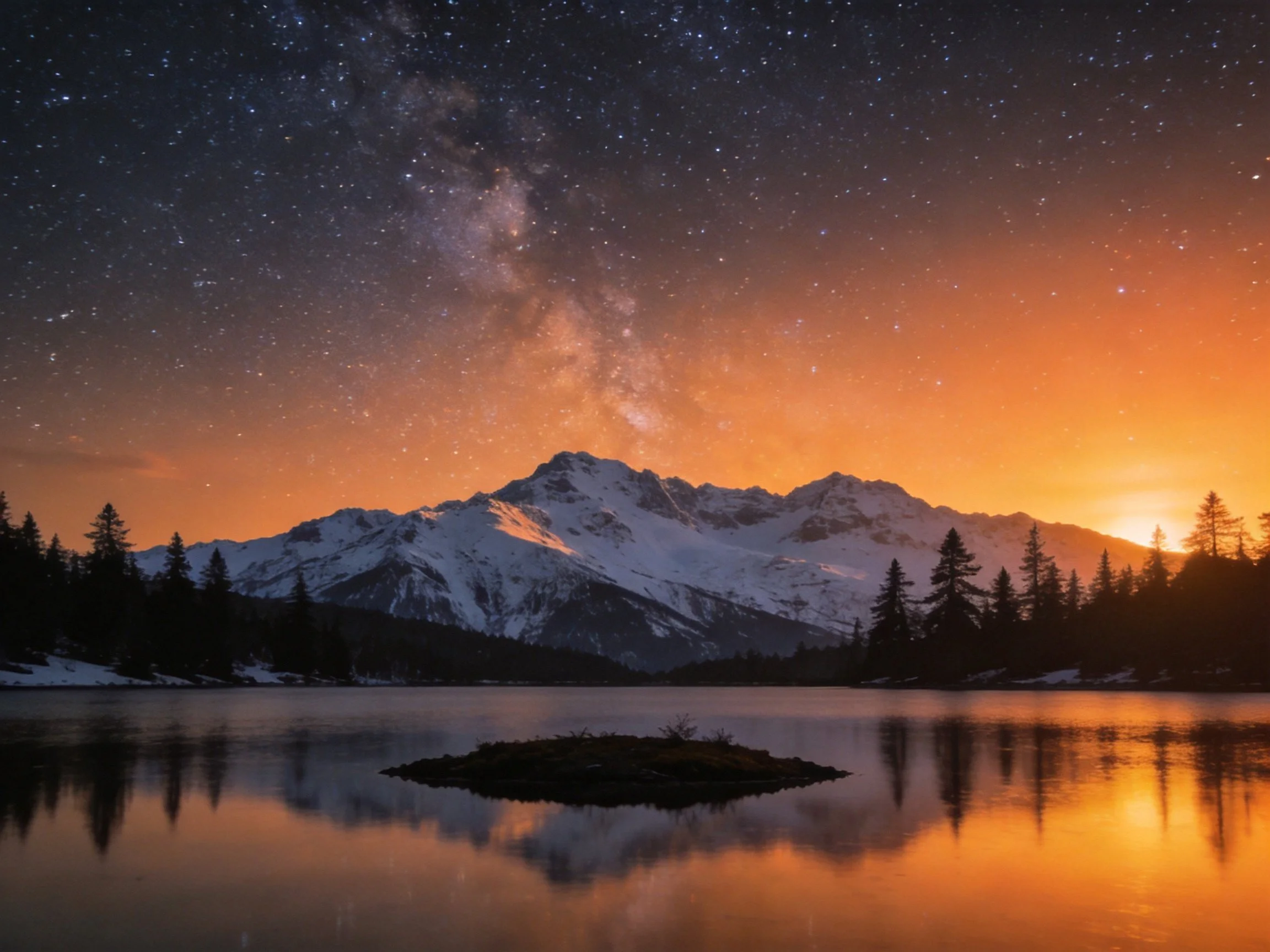 A starry night over snow-capped mountains by reflective lake