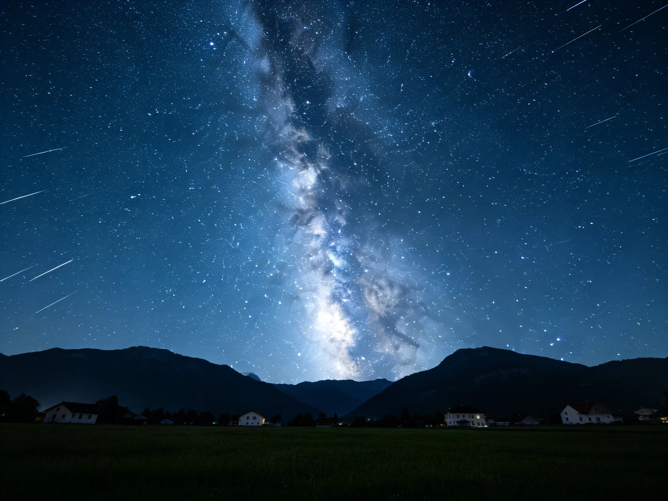 A starry night sky with the Milky Way over mountainous village