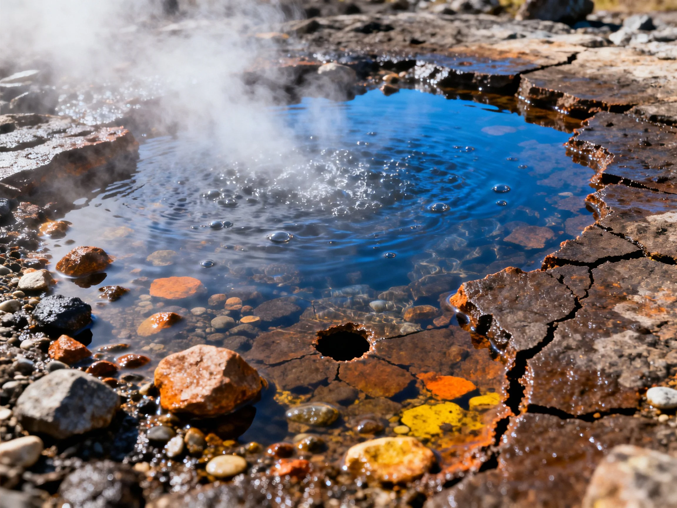 A steaming geothermal pool with rocky edges and multicolored stones
