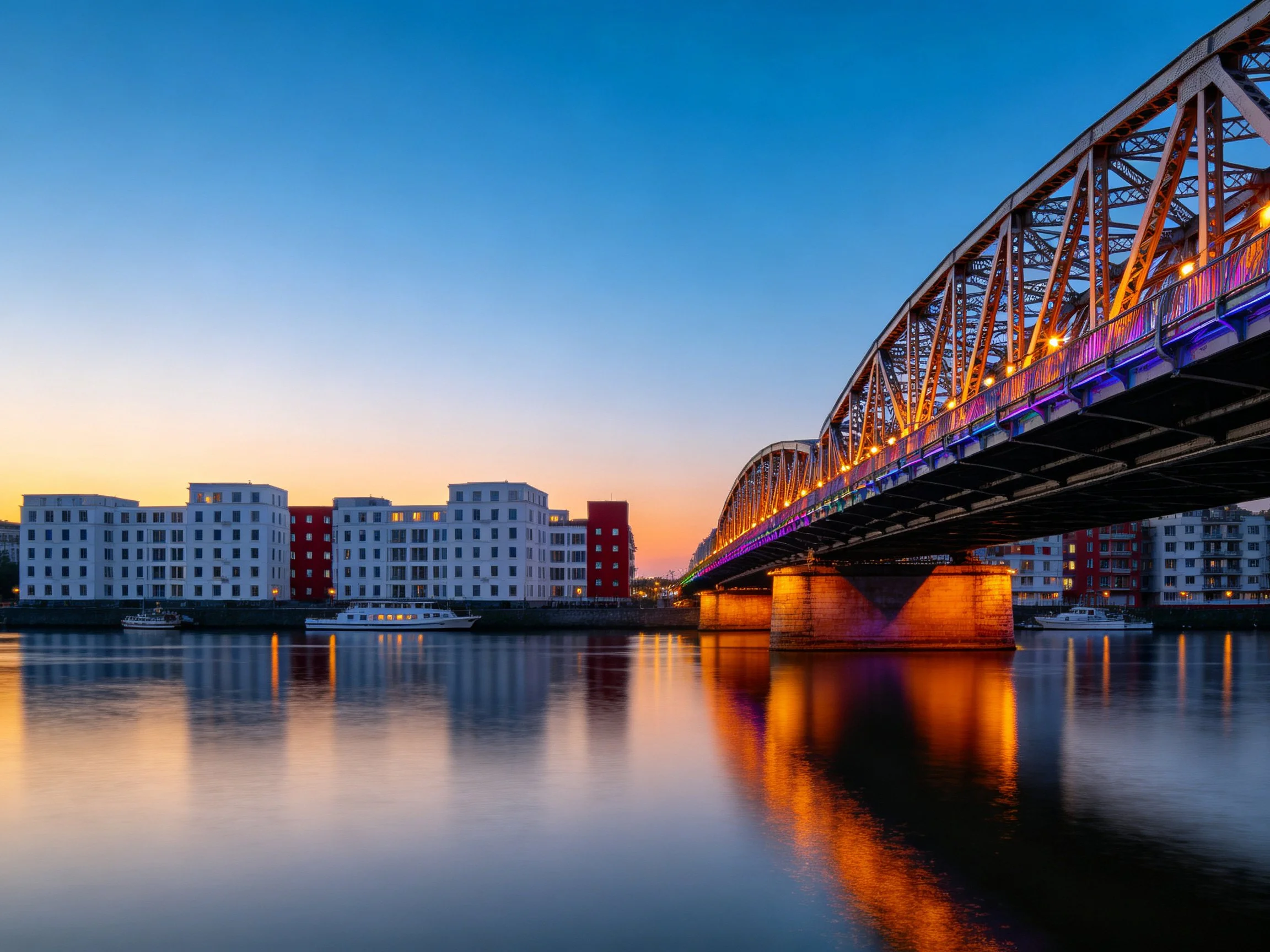 A steel truss bridge spans calm waters near modern buildings at dusk