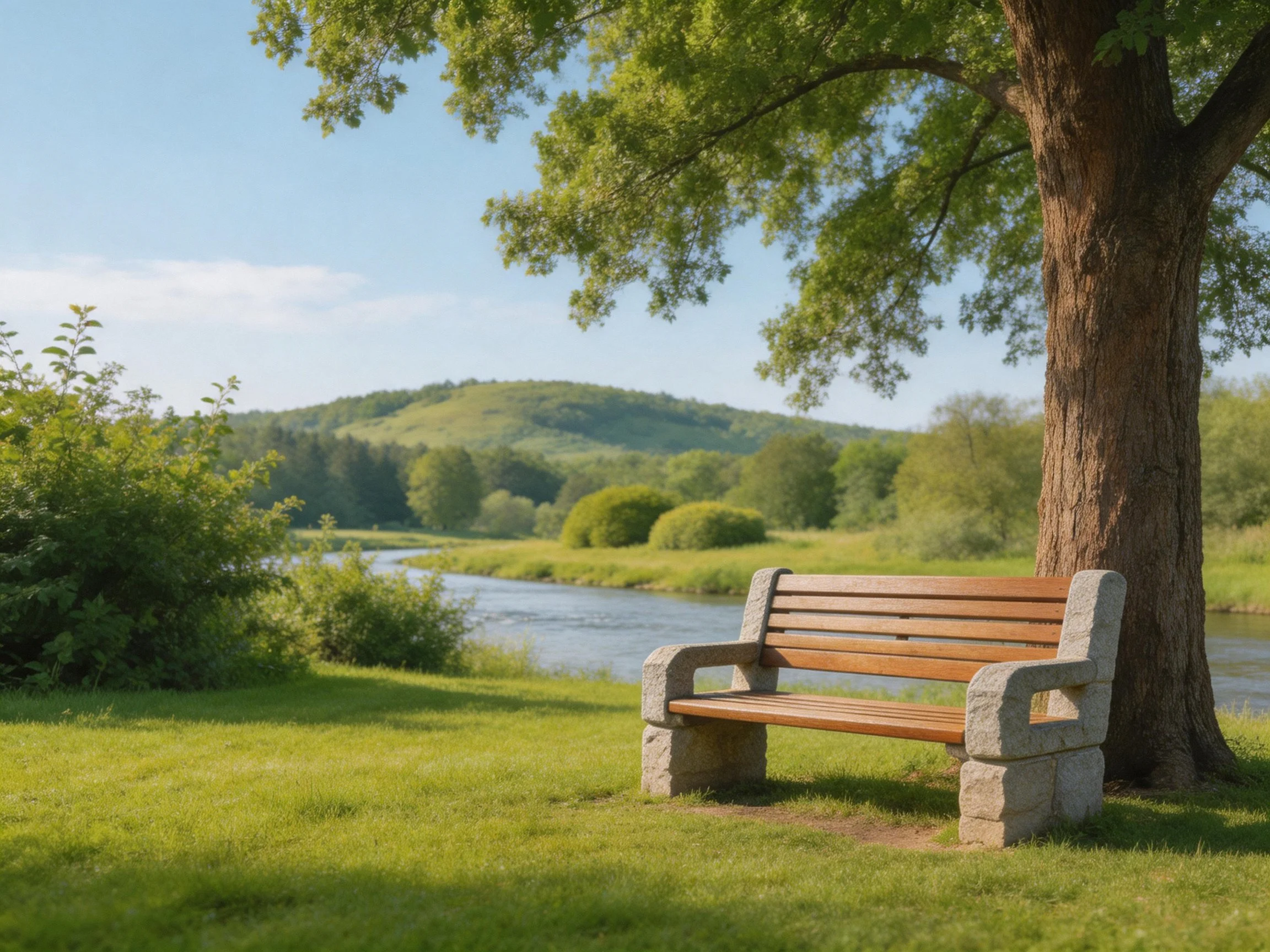 A stone and wood bench under a large tree by a calm river with green hills