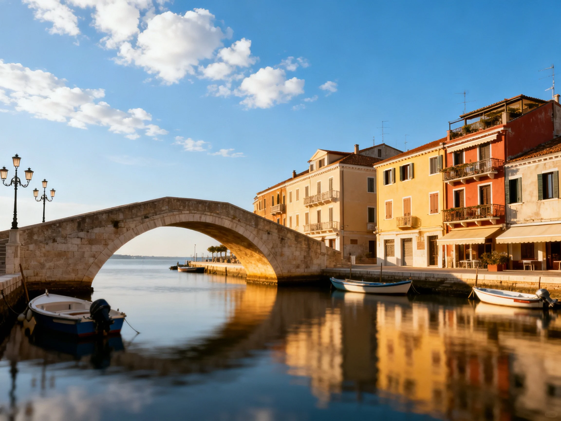 A stone arch bridge spans a calm canal beside vibrant waterfront buildings.