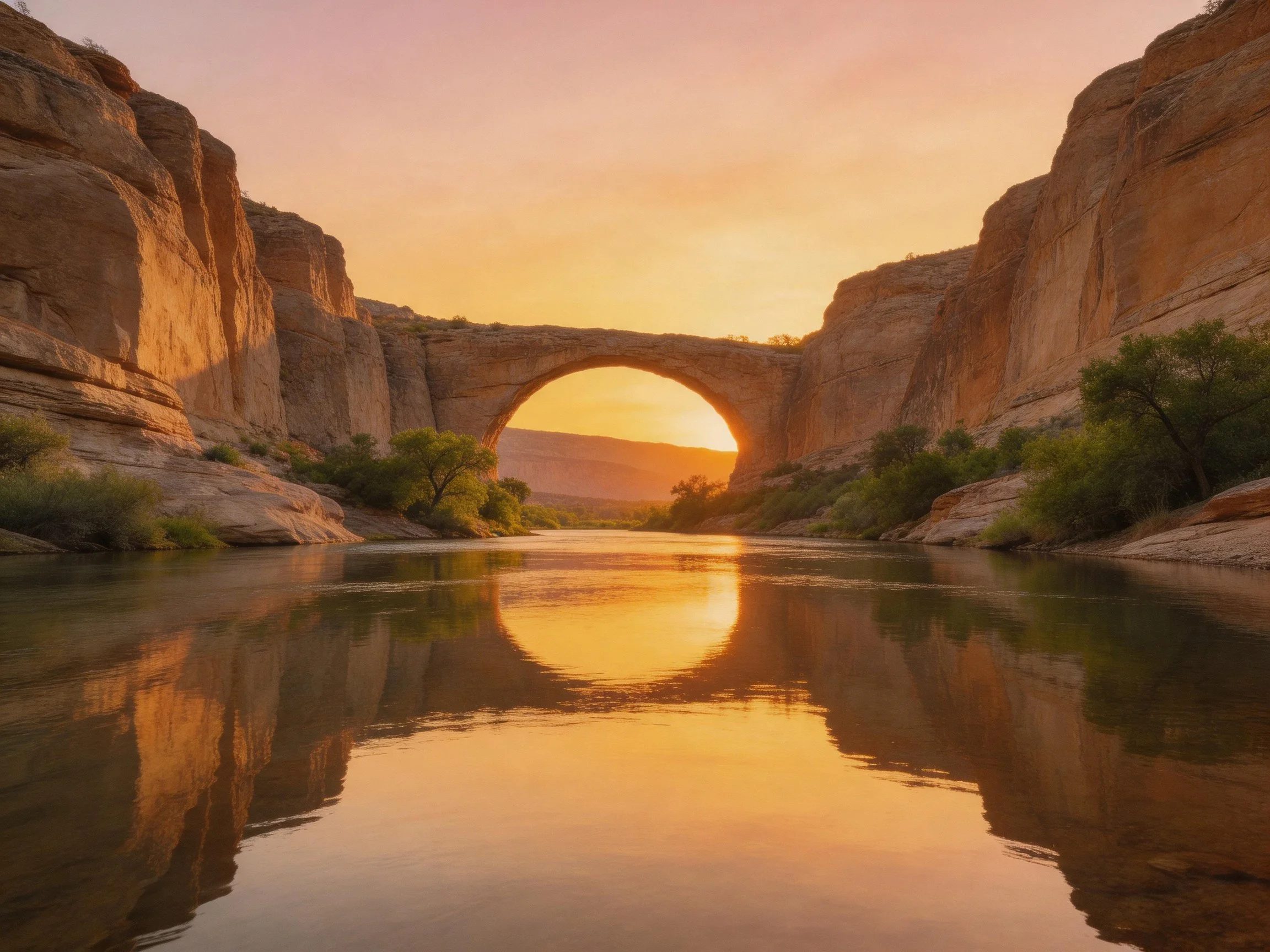 A stone arch bridge spans a calm river between rocky cliffs at sunset