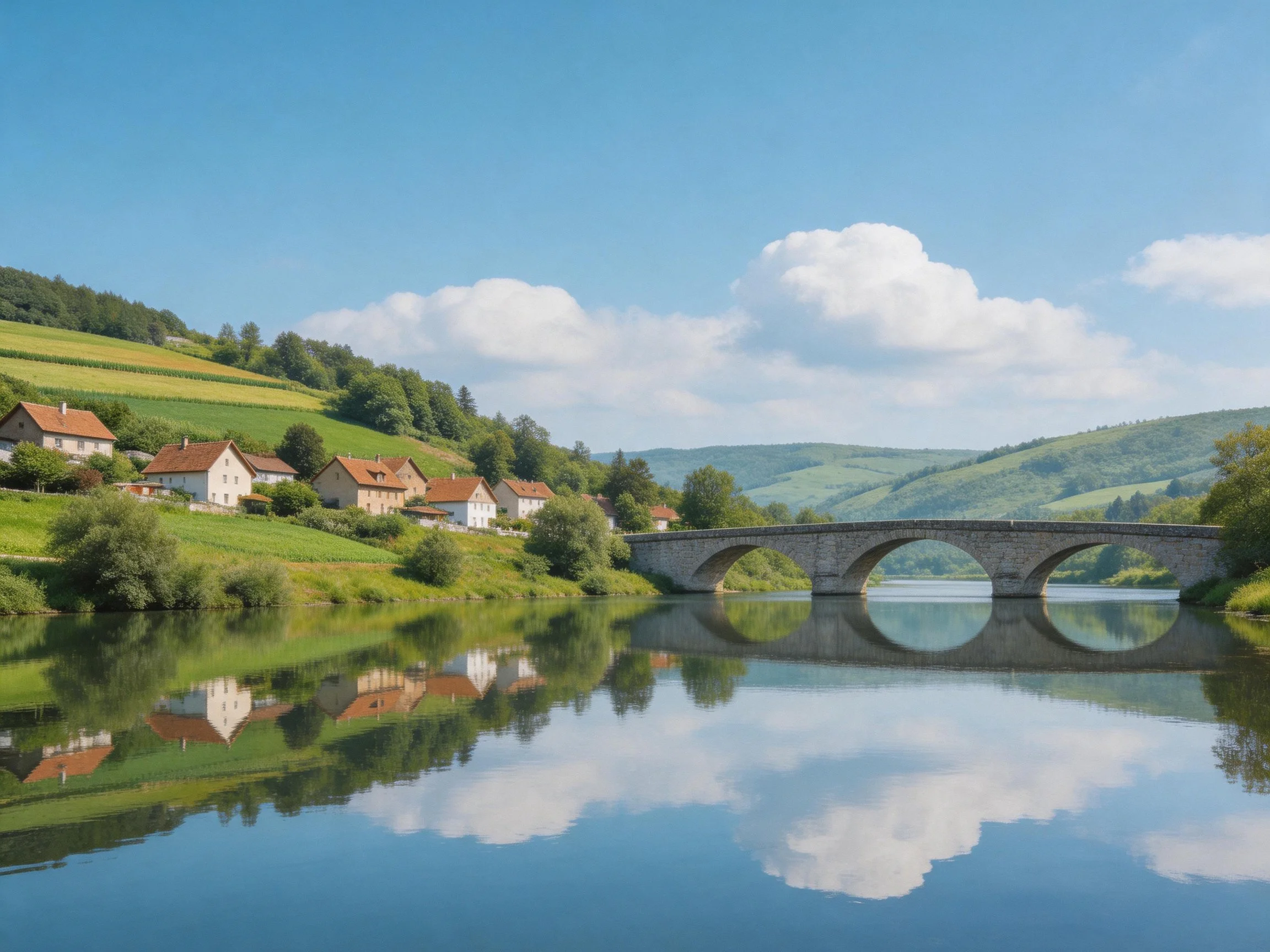 A stone arch bridge spans a calm river near a village with rolling green hills