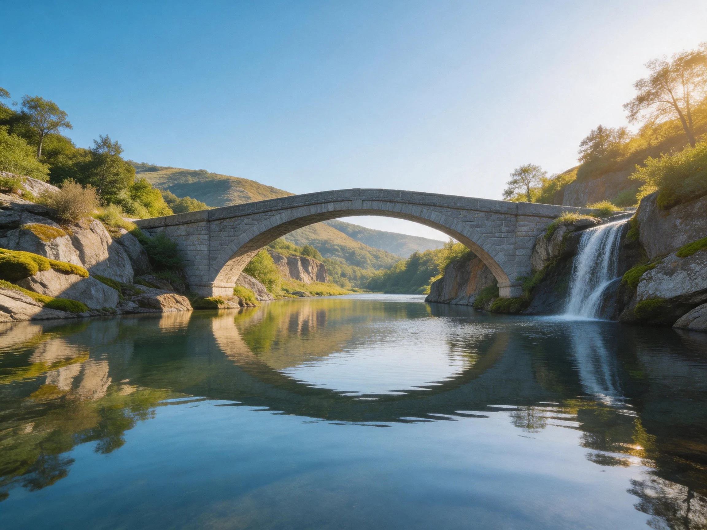 A stone arch bridge spans a calm river near a waterfall under clear blue skies