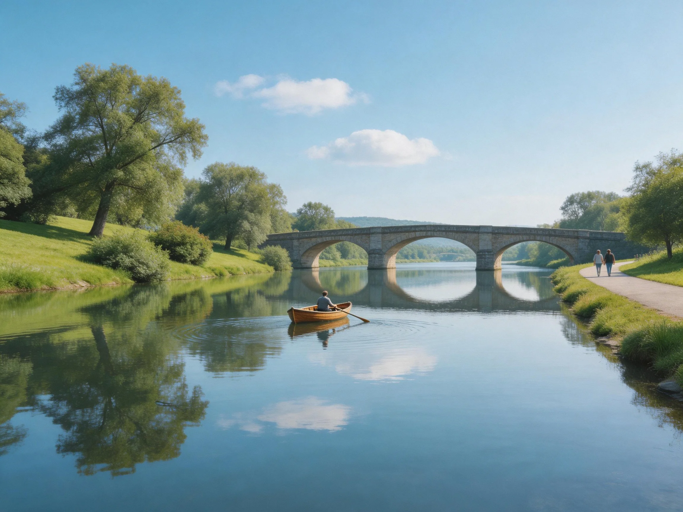 A stone arch bridge spans a calm river with a wooden rowboat and pedestrians