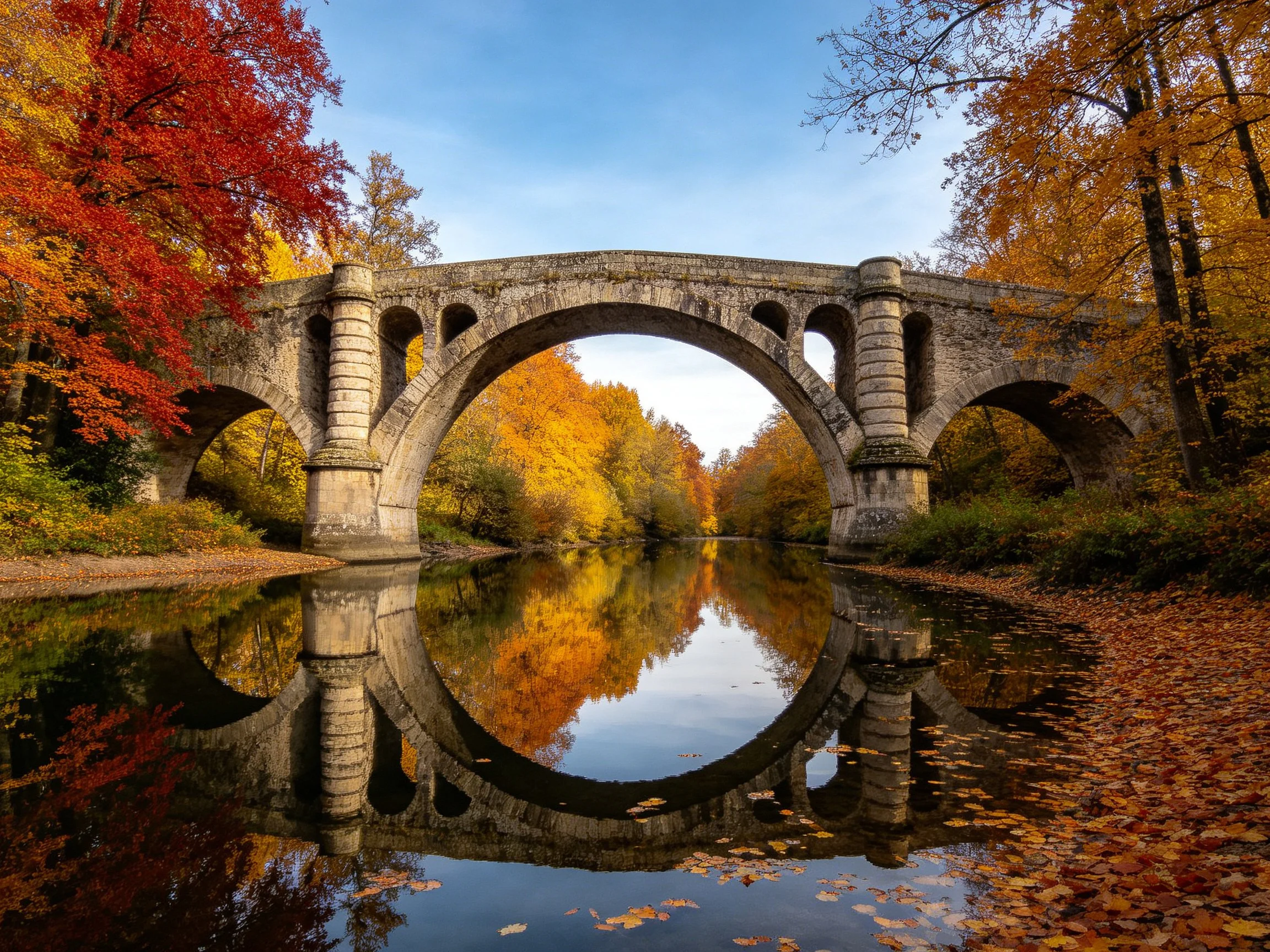 A stone arch bridge spans a calm river with colorful fall foliage