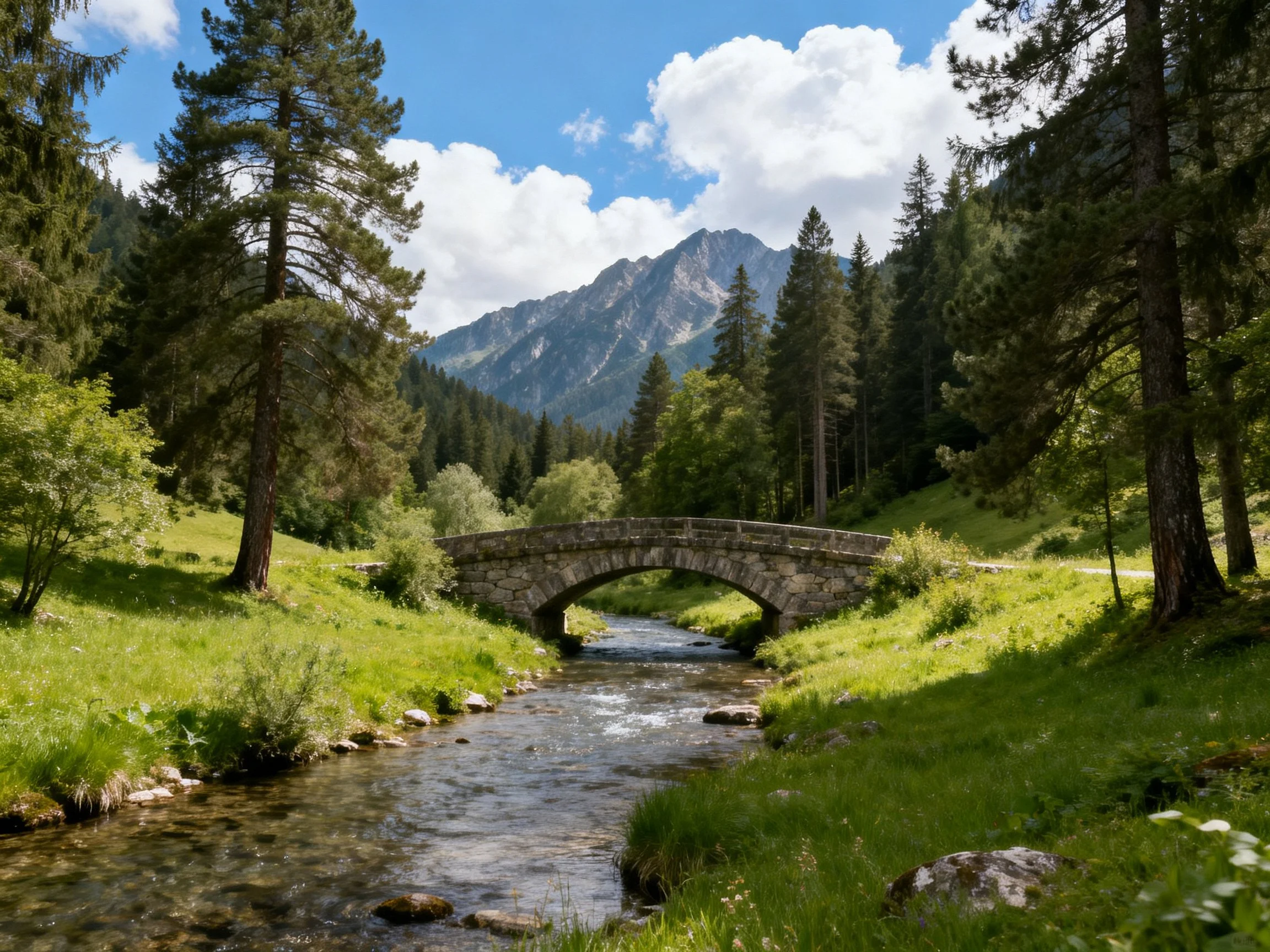 A stone arch bridge spans a clear mountain stream amid lush forests